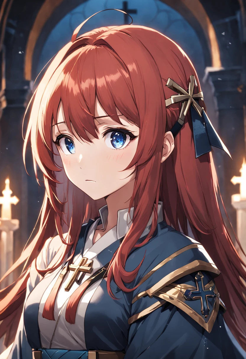 1female, christian cross hairpin, christian cross necklace, light armor, red hair, blue eyes, church interior background