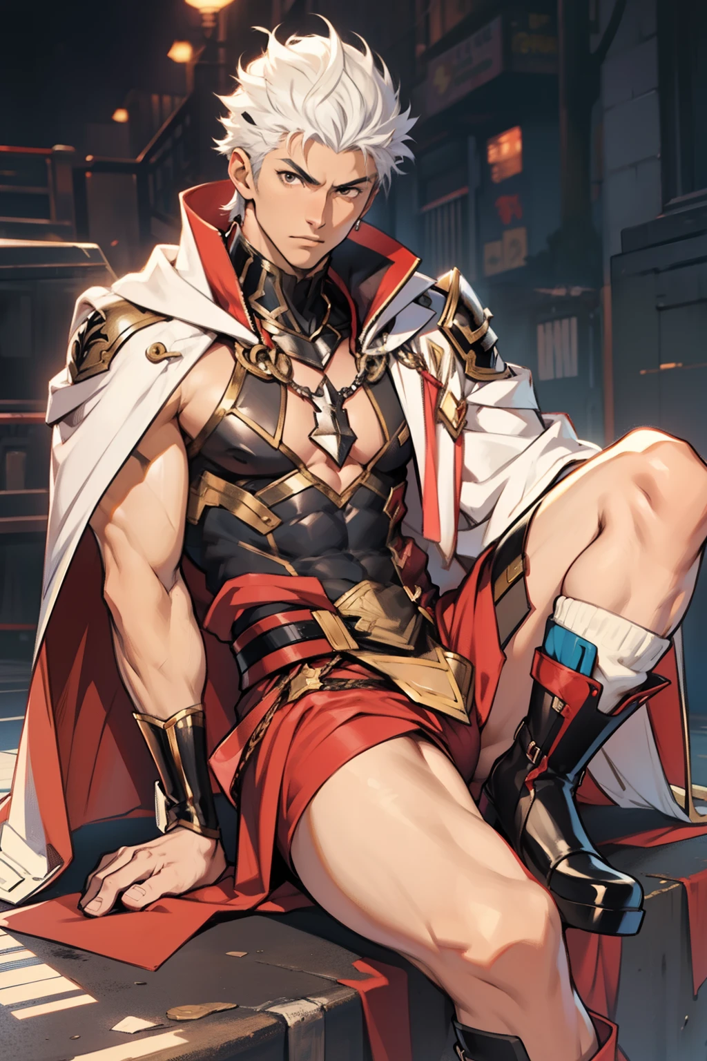 Highest image quality，male people，child，1 boy，Young and handsome，shoun，White color hair，Short flat top hair，Dark  skin，anime big breast，anime wallpaper，Solo，malefocus，Briefs，Dilation of the pectoral muscles，Red cape，Bulging crotch，Urban background，spread their legs，Sexy,(Masterpiece, Best quality),Long white socks，Red Martin boots，