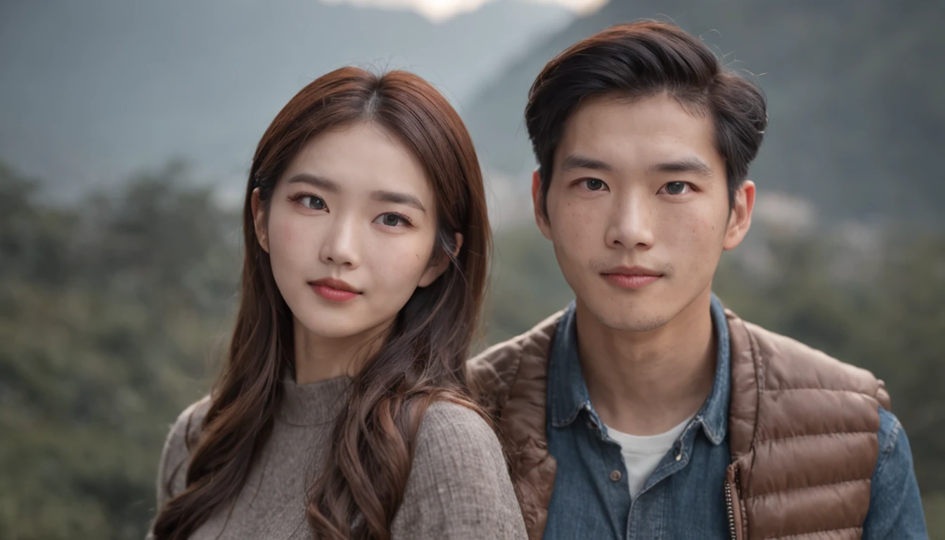 they are posing for a picture in the mountains at night, korean artist, portrait of two people, couple portrait, couples portrait, promotional portrait, lovely couple, taken with canon 5d mk4, ruan jia and fenghua zhong, shot with canon eoa 6 d mark ii, with stars, 60mm portrait, 7 0 mm portrait, moonlight, psychedelic, Auroracore, Ghostcore, upper body shot, Substance 3D, Faded, tiles, khaki colors, Haussmann Paris, incandescent lighting, Hyperrealistic textures, intricate details, architectural visualization, Corona render, 8k