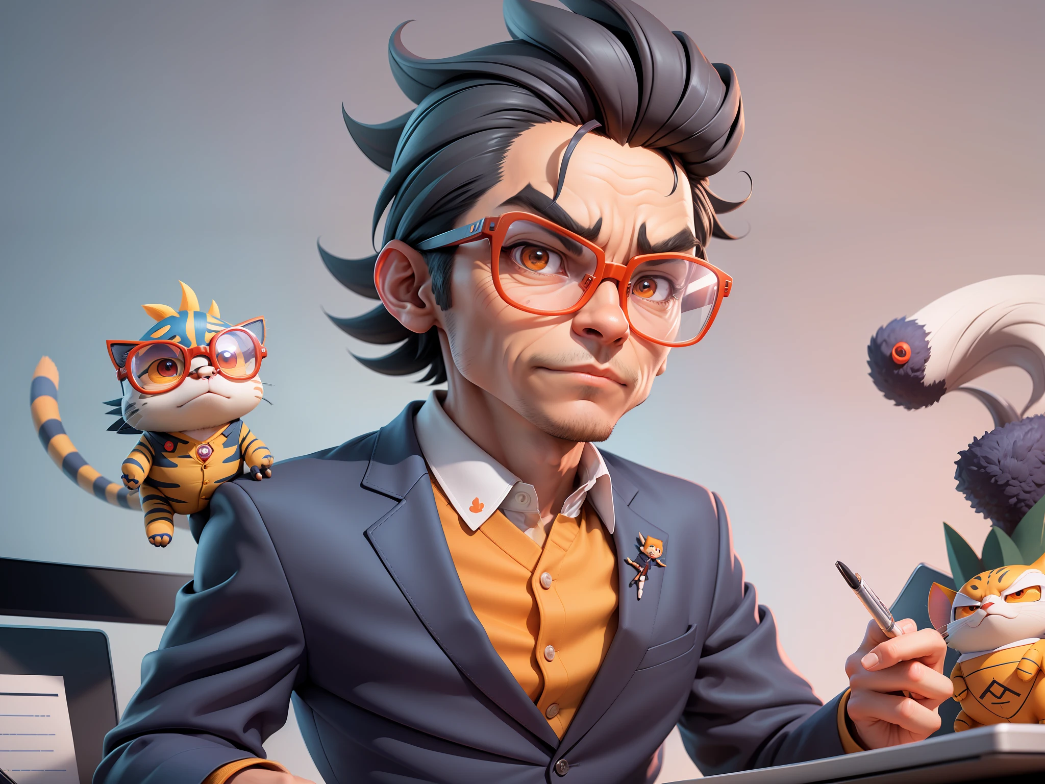 A young man in a suit, Short hair and glasses sat at his desk,holding laptop,digitial painting,tigre,3D character design by Mark Clairen and Pixar and Hayao Miyazaki and Akira Toriyama,4K HD illustration,Very detailed facial features and cartoon-style visuals。