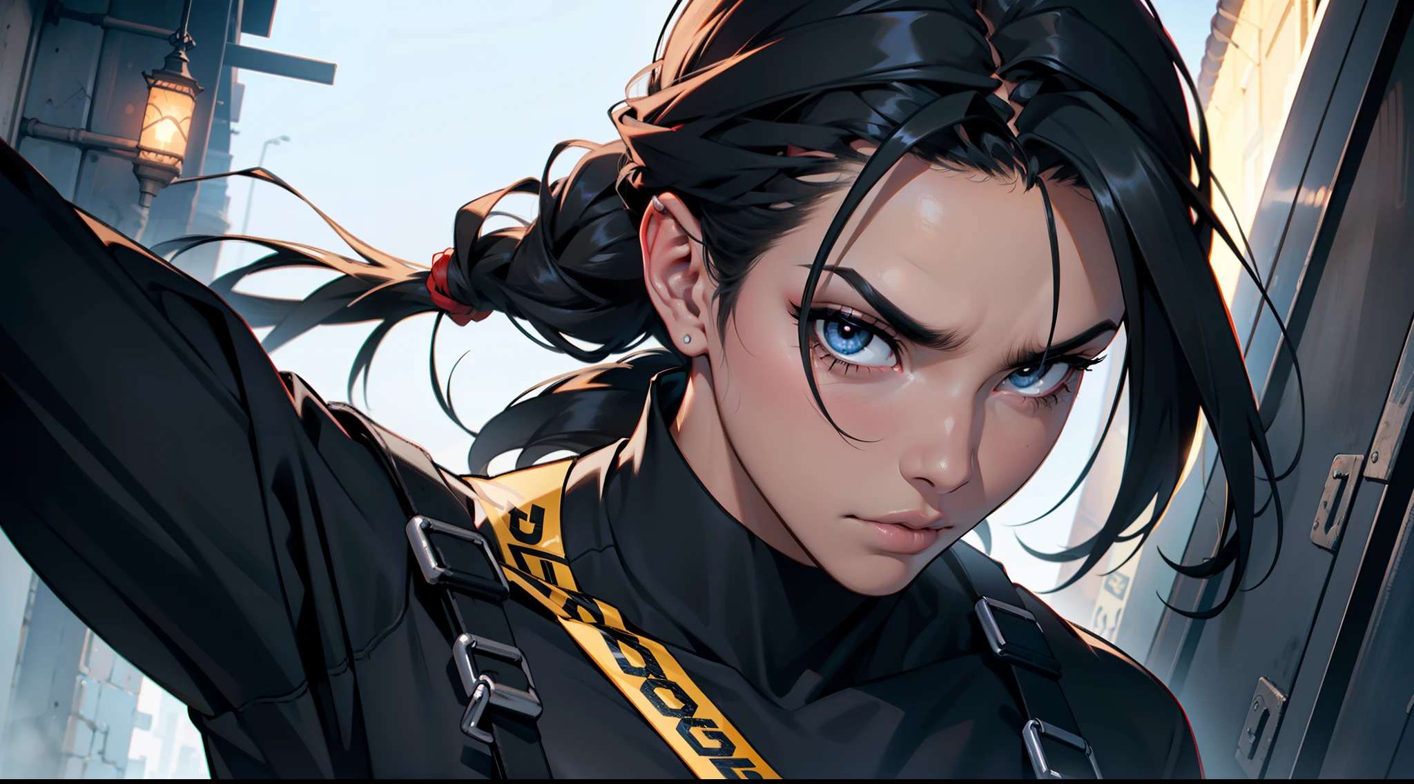 (Obra-prima), Uma mulher branca com cabelo preto, cabelo longo, cabelo solto (melhor qualidade), Ultra resolution, arte profissional, ultra detalhado, perfect lighting, corpo atletico, forte e musculoso, fisiculturista, peitos grandes, black sweatpant, manto preto, cropped preto, Ninja, expression serious, de frente para o espectador, foco feminino, seios grandes