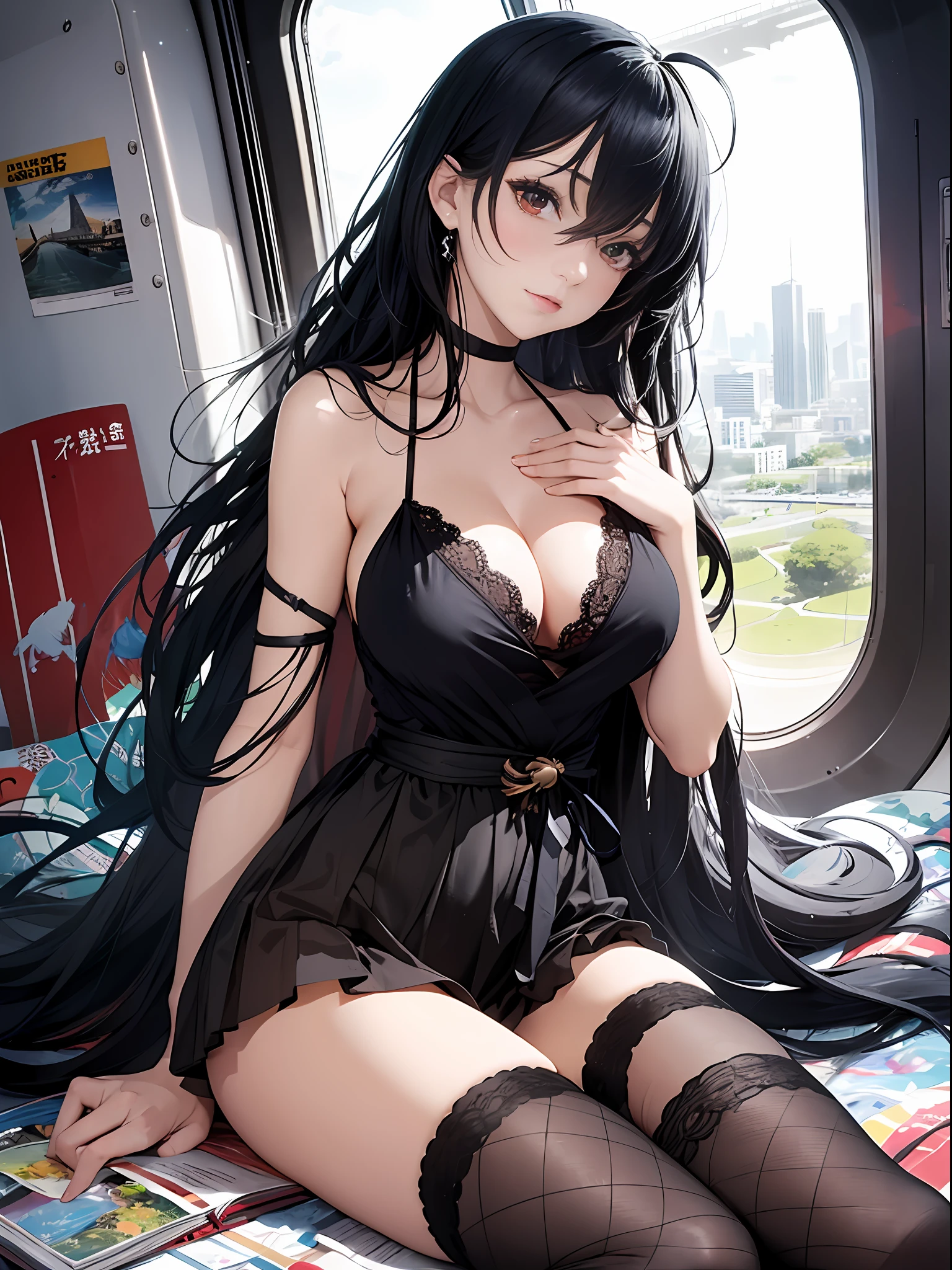 （Enrich the picture，Masterpiece level quality）Beautiful 8K CG artwork，Goddess-like posture，Sitting in the cabin of an airplane，Postural exercises，Slim and soft，Translucent skin，Black color hair、The beauty of extra-long hair, Super Long Straight Hair，The skin is fair and juicy，Underwear miniskirt uniform，Perspective Part 1.2x enhanced silhouette effect，Exquisite transparent blues pattern in pajamas，The details are intricate and exquisite，The background is slightly blurred，Charming and lustful leg seduction，Drool，K cup big breasts，Blush，Japan goddess，Perfect body slim curves，Cabin scene，Lace panties can be seen，spread their legs，Red left eye，The right eye is green，