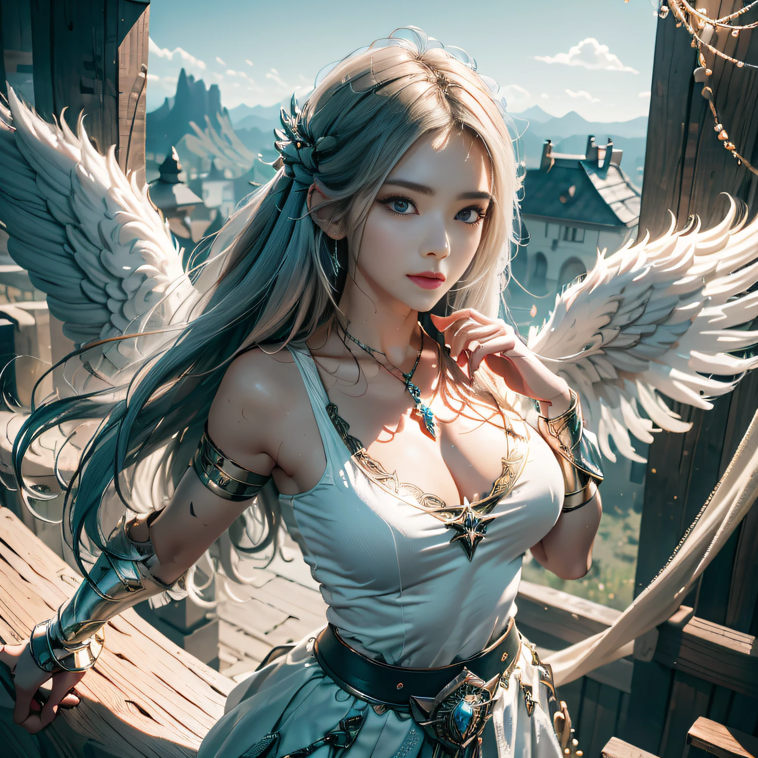 hyper HD, Anatomically correct, retinas, Super detail, Award-Awarded, Best quality, High details, Textured skin, Masterpiece, ccurate, High quality, A high resolution, 8K,1girl in, 独奏, offcial art, Unity 8k wallpaper, ultra - detailed, prettify、Aesthetic, tmasterpiece, top-quality, Photorealsitic, A female angel、It has 6 large glowing white wings on its back:2.0、Wings of a bird of prey、Blazing Angel、Silver armor:2.0、Glow-in-the-dark imprint,Glow-in-the-dark imprint,Silver gauntlet、Silver Solette、White fabric、Hair ornaments with small wings、Valkyrie、Very large wide sword、Glowing angel circle、angelic halo:2.0、Light magic、depth of fields, Fantastic atmosphere, calm color palette, Soft Shading、You can see the forest in the distance、See remote mountain castles、ellegance、Full body like、busty figure、Large full breasts、wide waist、Floating in the air:2.0、Flying in the sky:2.0、Fry high in the air、Sky on the steppe、You can see the castle on the hill in the distance