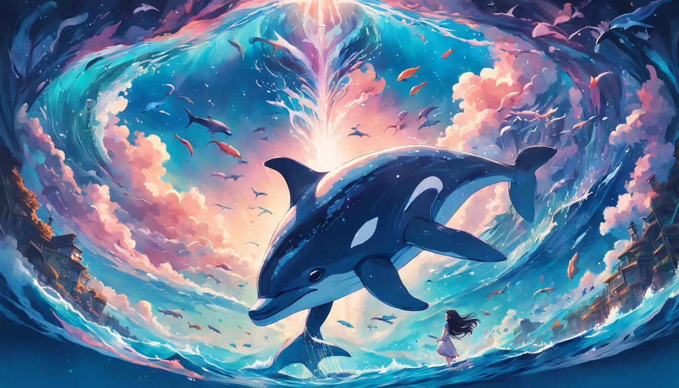 A colorful underwater world,A pod of dolphins swimming around the heart, Look up at the composition composition,sky whales, Inspired by Cyril Rolando, dreamy psychedelic anime, colorful anime movie background, A beautiful artwork illustration, author:Shitao, colorful concept art, Makoto Shinkai Cyril Rolando, In the style of Cyril Rolando, flying whale, Highly detailed watercolor 8K, highly detailed water colour 8 k,octane,Fine,Realistic,8K,Estilo de Makoto Shinkai( reasonable design, Clear lines, High sharpness,Best quality, Very detailed, Masterpiece, movie light effect, 4K )