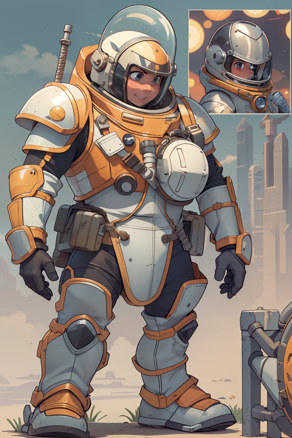 professional artwork, detailed eyes, beautiful eyes, thick thighs, wide hips, large breasts, beautiful face, flawless face, gorgeous face, smooth features, blush, short hair, beautifully detailed background, adventurous astronaut knight in bulky armored space suit, space suit looks like knight armor, space suit, thick heavy space suit, environment suit, hoses and tubes on suit, dials and switches, space suit backpack, nasa, nasa punk, nasapunk, astronaut, astronaut suit, cosmonaut, medieval knight, knight armor, leather armor and metal armor, mechanical background, sci fi, science fiction, futuristic, fantasy armor, full plate armor, medieval armor, knight helmet, knight visor, grilled faceplate, large helmet, big helmet, heavy collar, vacuum seal ring around neck, life support systems, rustic material, heavy stitching, thick leathers, armored breastplate, armored chest, leather gloves, rustic craftsmanship, adventurous, adventure, cute, smiling, shoulder pads, armor, white and orange outfit, heraldry, helmet on head, cassette futurism, gloved hands, bulky space suit, bulky suit, tubes and hoses, valves, mechanical, sword and shield, neon light, neon glow, neon, cuirass, pauldrons, chest armor, heavy metal chest armor, beam sword, plasma sword, light saber, knight, dome helmet