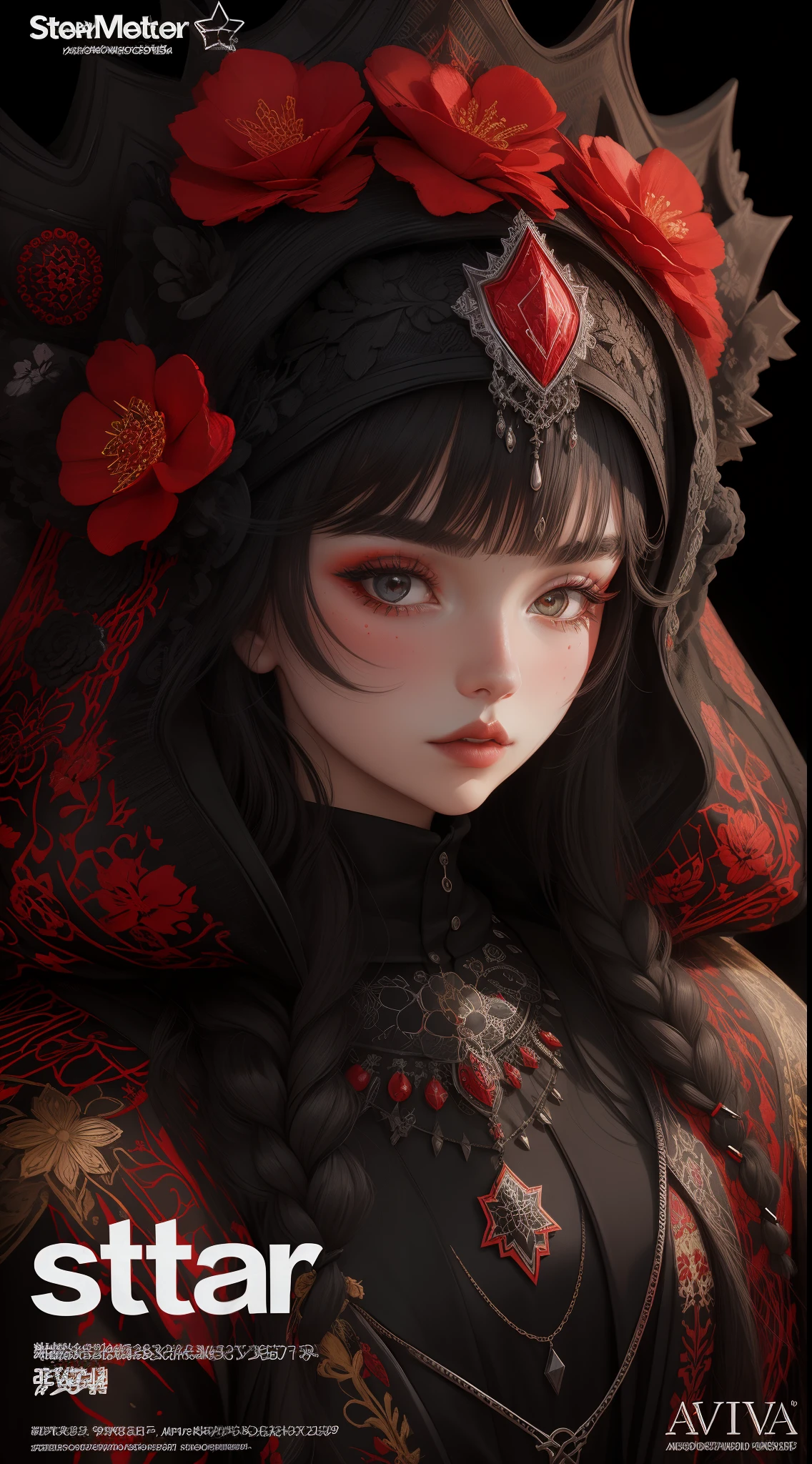 A beautiful Slavic queen wearing a modern black hoodie, covered in floral red crystal jewels, Magazine cover,bold and majestic look