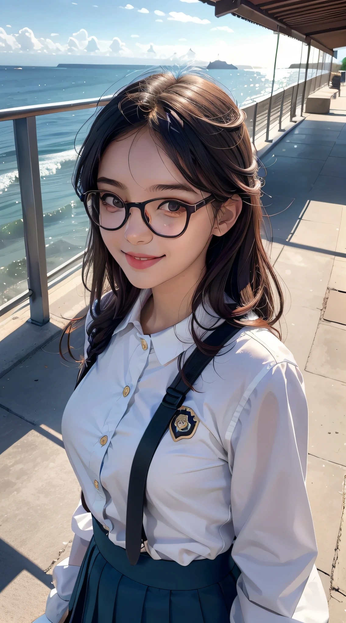 Surrealist international students,schoolgirls,com um rosto quadrado,With a smile(Close-up highlights of faces:1.2),Healthy sunshine,long whitr hair,Facial highlights,Wear glasses,middlebreast,clean backdrop,parks,the sea,in a panoramic view,Full body like,A high resolution,