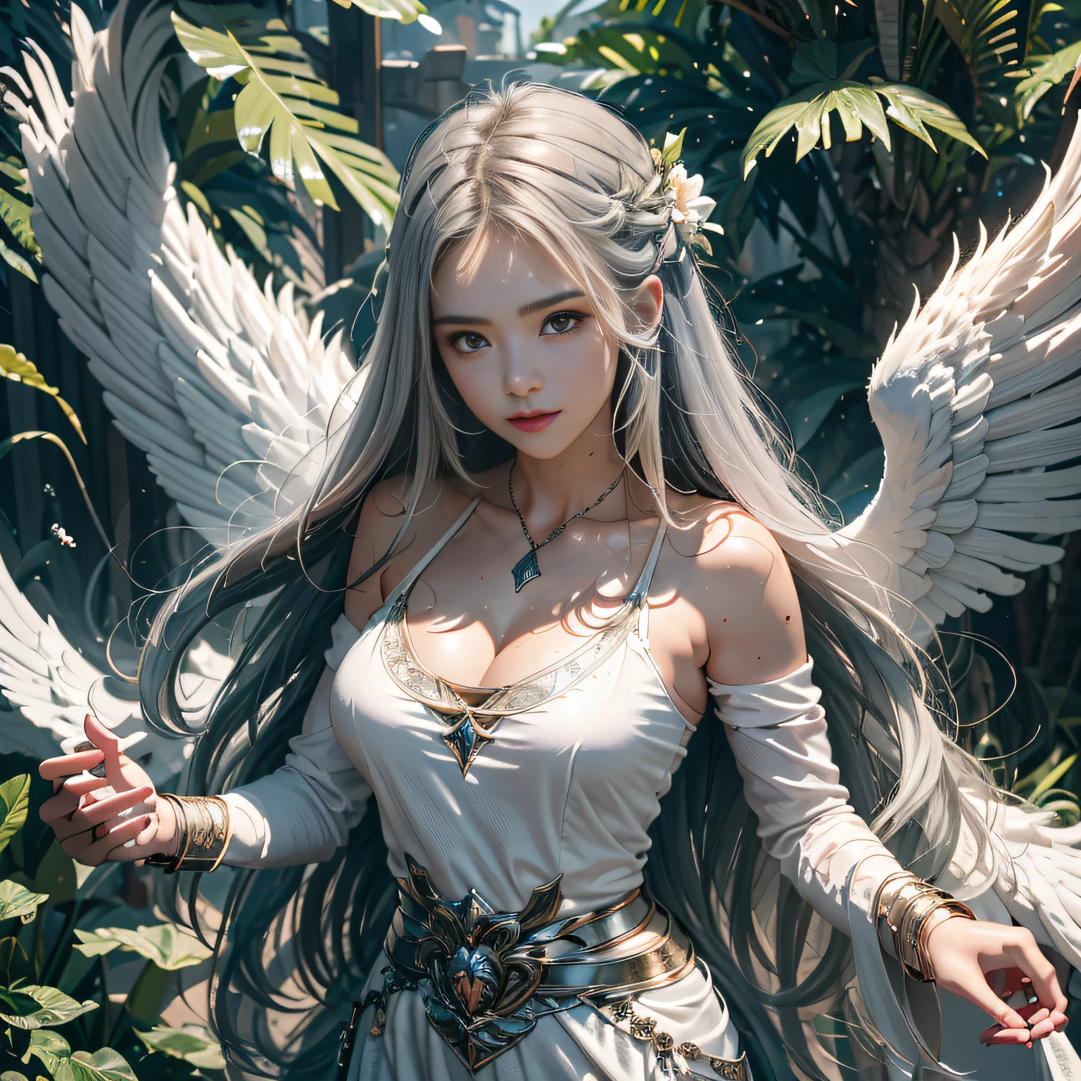 hyper HD, Anatomically correct, retinas, Super detail, Award-Awarded, Best quality, High details, Textured skin, Masterpiece, ccurate, High quality, A high resolution, 8K，1girl in, 独奏, offcial art, Unity 8k wallpaper, ultra - detailed, prettify、Aesthetic, tmasterpiece, top-quality, Photorealsitic, A female angel、It has 6 glowing white epic wings on its back:2.0、Wings of a bird of prey、Blazing Angel、Silver armor:2.0、Glow-in-the-dark imprint，Glow-in-the-dark imprint，Silver gauntlet、Silver Solette、White fabric、Hair ornaments with small wings、Valkyrie、Very large wide sword、Glowing angel circle、angelic halo:2.0、Light magic、depth of fields, Fantastic atmosphere, calm color palette, Soft Shading、You can see the forest in the distance、See remote mountain castles、ellegance、Full body like、busty figure、Large full breasts、wide waist、Floating in the air:2.0、Flying in the sky:2.0、Fry high in the air、Sky on the steppe、You can see the castle on the hill in the distance