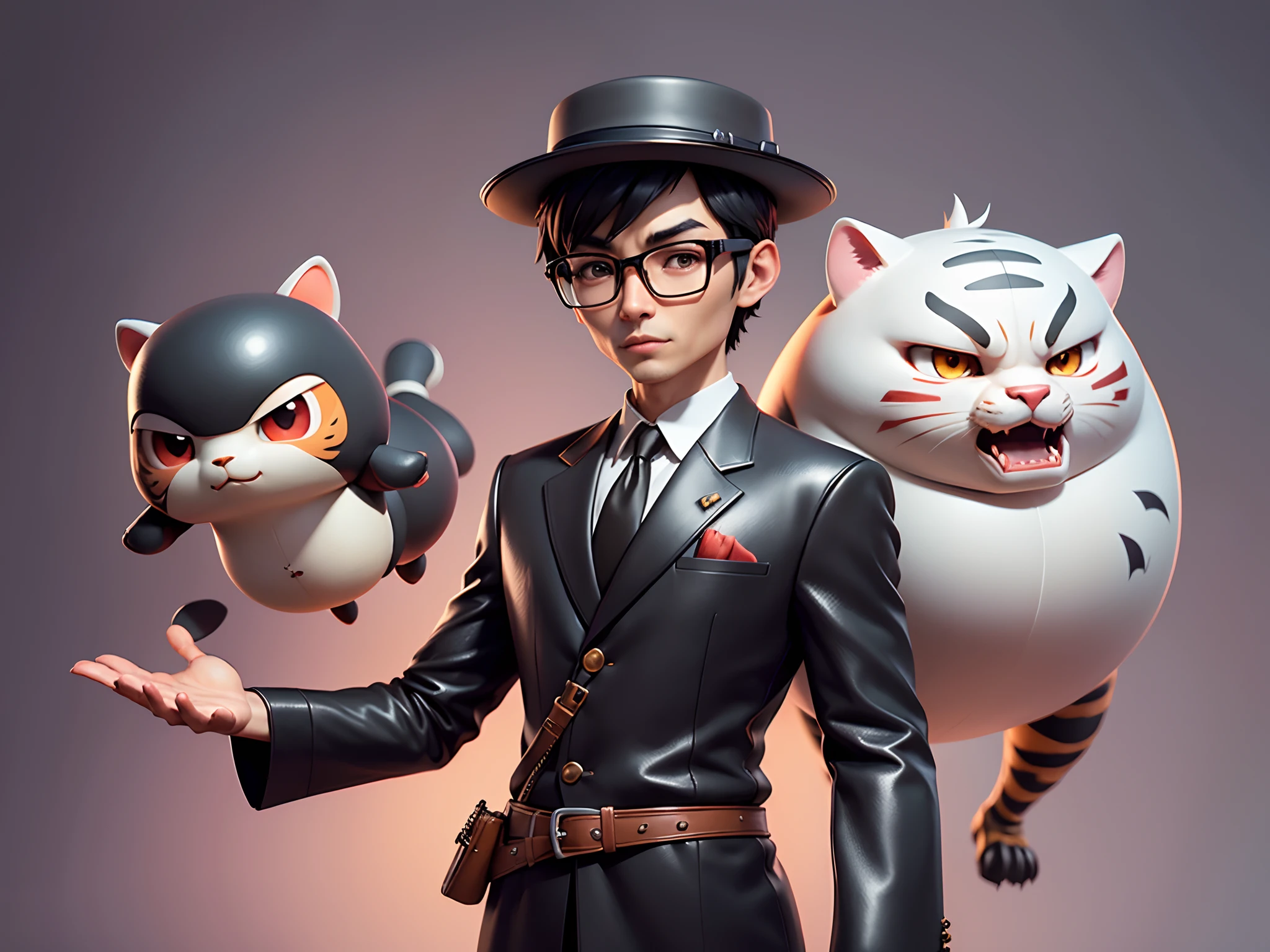 Young man with oriental face in leather hat, tiger, oriental face in formal suit, short black hair, silver glasses, digital painting, 3D character design by Mark Clairedon and Pixar and Hayao Miyazaki and Akira Toriyama, the illustration is a high-definition illustration in 4K resolution with very detailed facial features and cartoon-style visuals.