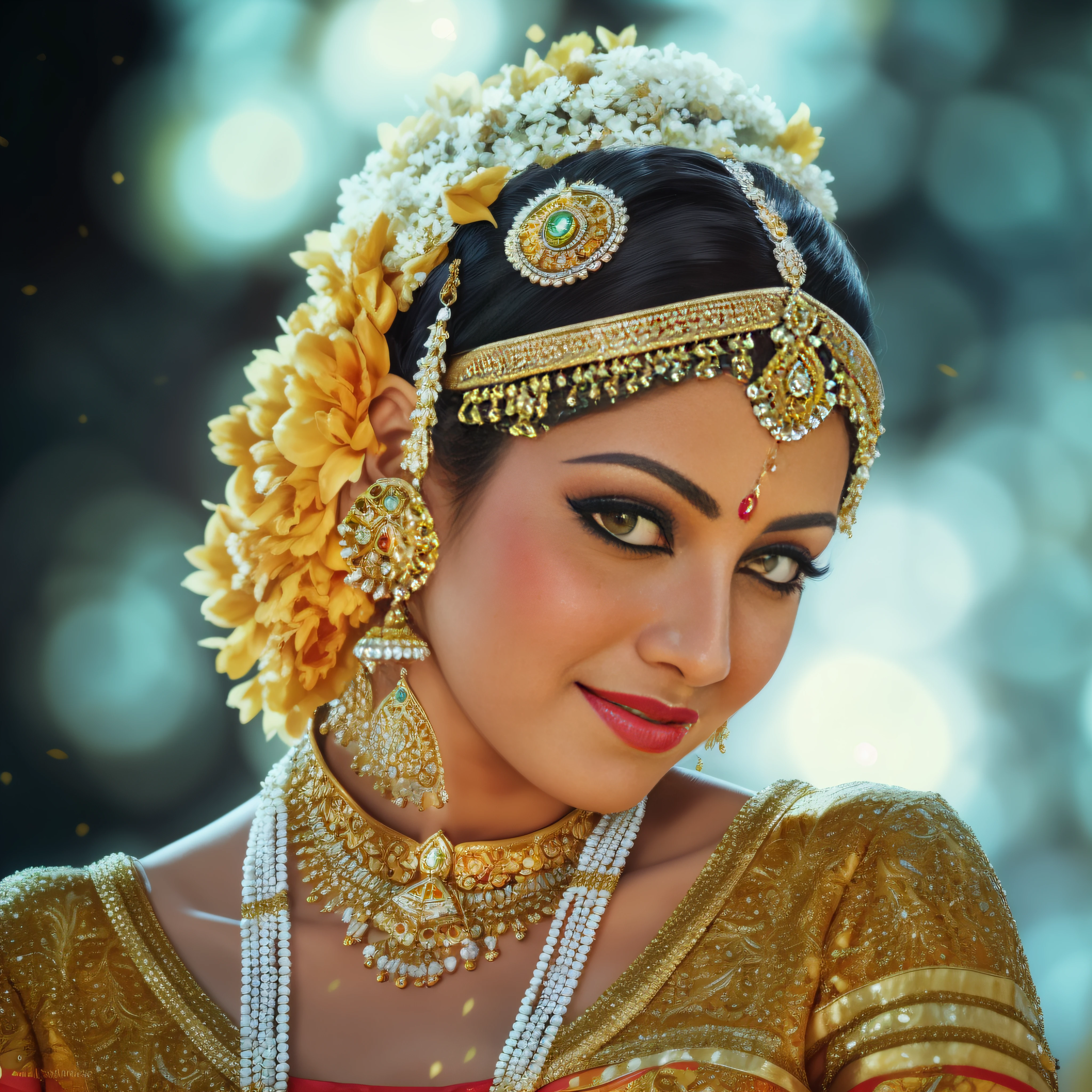 araffe wearing a yellow and red lehenga with a gold blouse and matching dupa, wearing elaborate green and gold, with yellow cloths, photo taken with nikon d750, photo taken with nikon d 7 5 0, colour, inspiring, indian empress, lady using yellow dress, photo from vogue magazine, festival of rich colors, cinematic lighting, glowing light, f/1.8, 35mm, Canon, bokeh, first-person view, UHD, 16k, highres, high quality, super detail, high details, best quality, anatomically correct, masterpiece