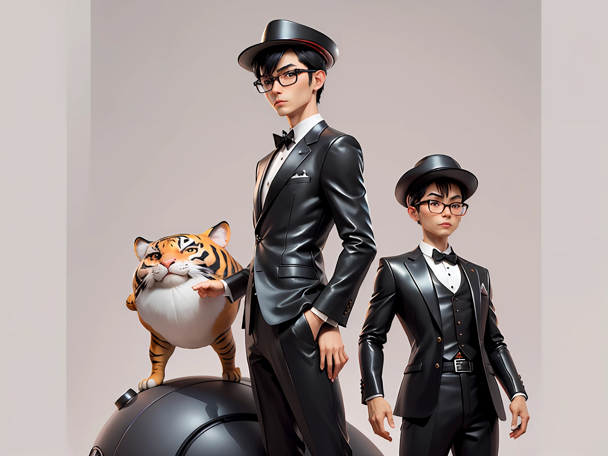 Young man with oriental face in leather hat, tiger, oriental face in formal suit, short black hair, silver glasses, digital painting, 3D character design by Mark Clairedon and Pixar and Hayao Miyazaki and Akira Toriyama, the illustration is a high-definition illustration in 4K resolution with very detailed facial features and cartoon-style visuals.