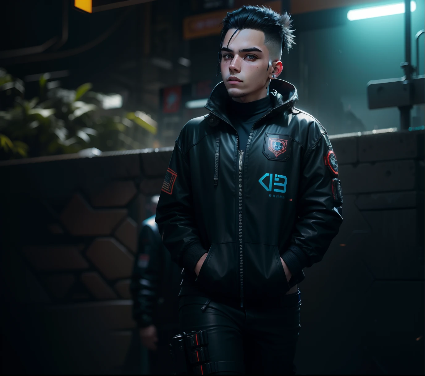 Change background cyberpunk 18 years old boy , bright environment,medium sized hair, stubble ,realistic 8k