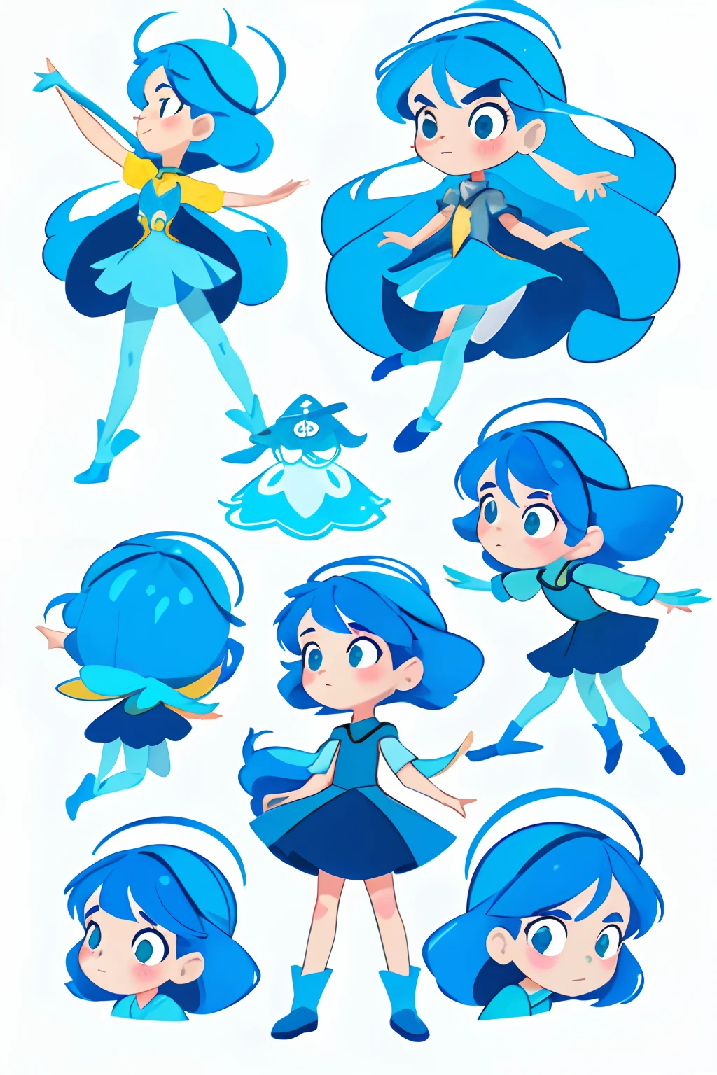 16years oldcgirl com macio, Cute hair that is a delicious mix of cotton and blue,  a warm blue color that reflects its playful and curious nature, children's book illustration style, multiple poses, corpo inteiro, fundo branco, Figura completa , multiple poses, different angles , clipart de aquarela, folha de caracteres, comiс style, Borboleta estrela vs. The Forces of Evil