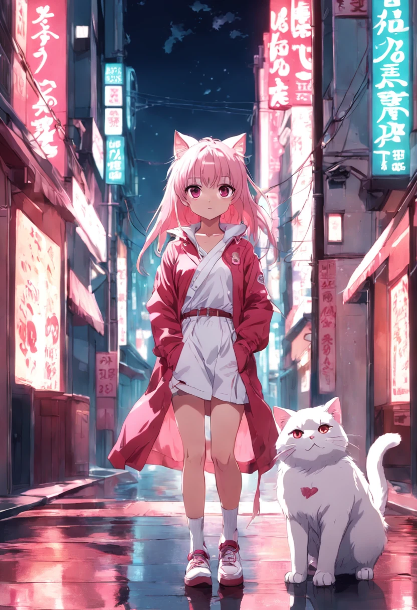 Neko cat, anime, girl, pink, white, red, 80's, sidewalk background