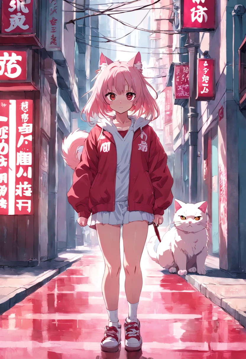 Neko cat, anime, girl, pink, white, red, 80's, sidewalk background