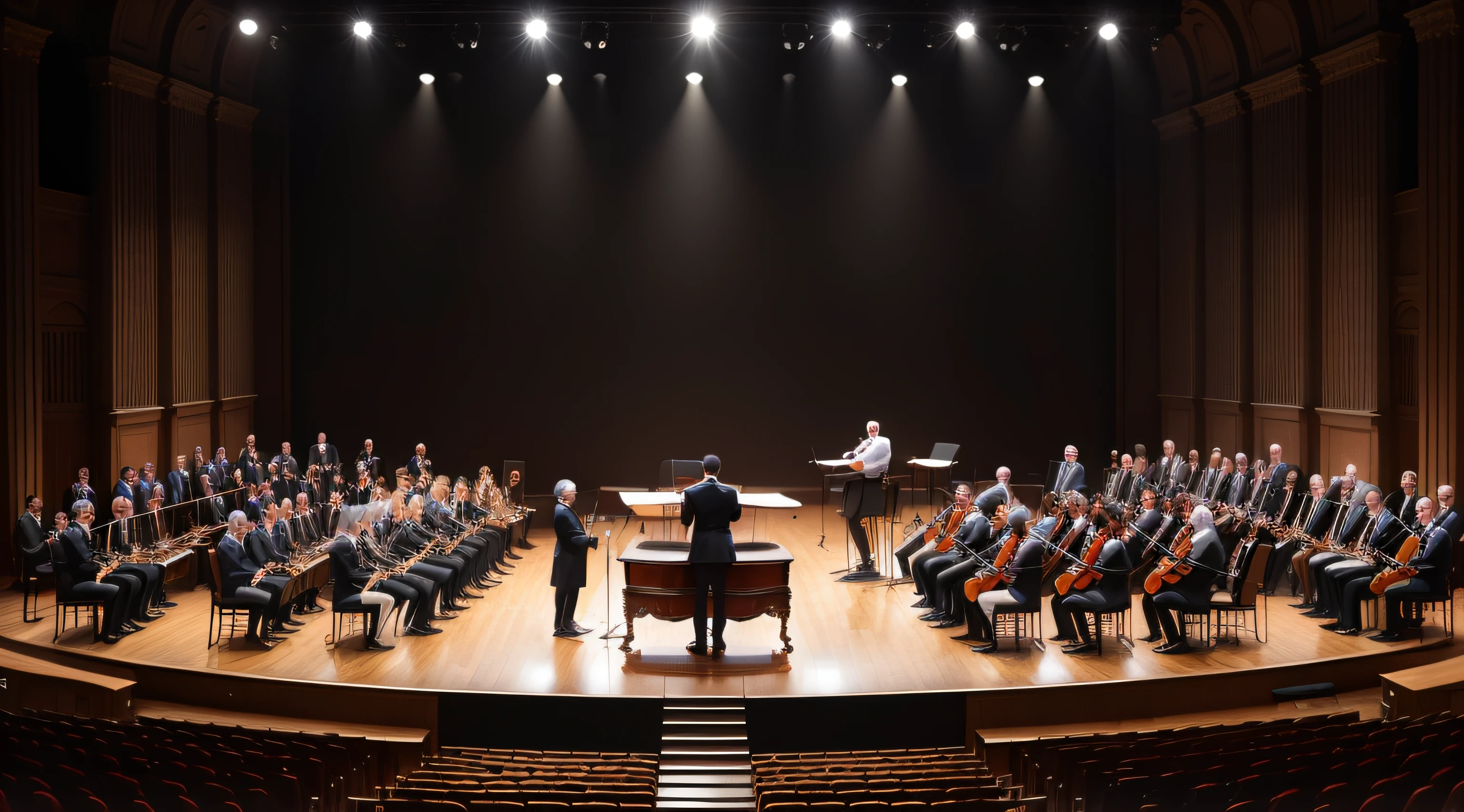 middle plane of a stage where a symphony orchestra performs, dirigida por um maestro homem jovem, 8k, Hiper realista, alta resolução, alto detalhe