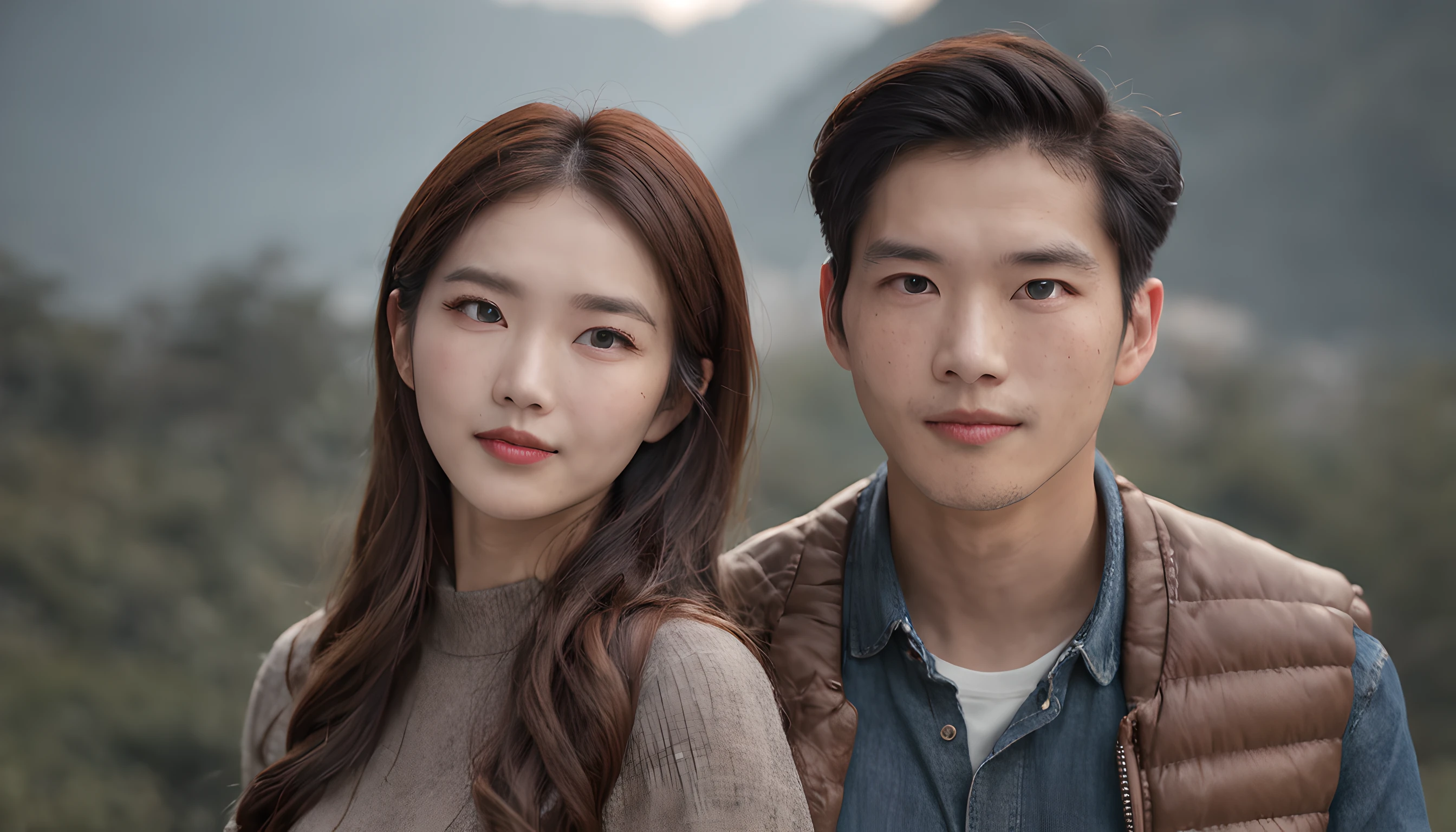 they are posing for a picture in the mountains at night, korean artist, portrait of two people, couple portrait, couples portrait, promotional portrait, lovely couple, taken with canon 5d mk4, ruan jia and fenghua zhong, shot with canon eoa 6 d mark ii, with stars, 60mm portrait, 7 0 mm portrait, moonlight, psychedelic, Auroracore, Ghostcore, upper body shot, Substance 3D, Faded, tiles, khaki colors, Haussmann Paris, incandescent lighting, Hyperrealistic textures, intricate details, architectural visualization, Corona render, 8k