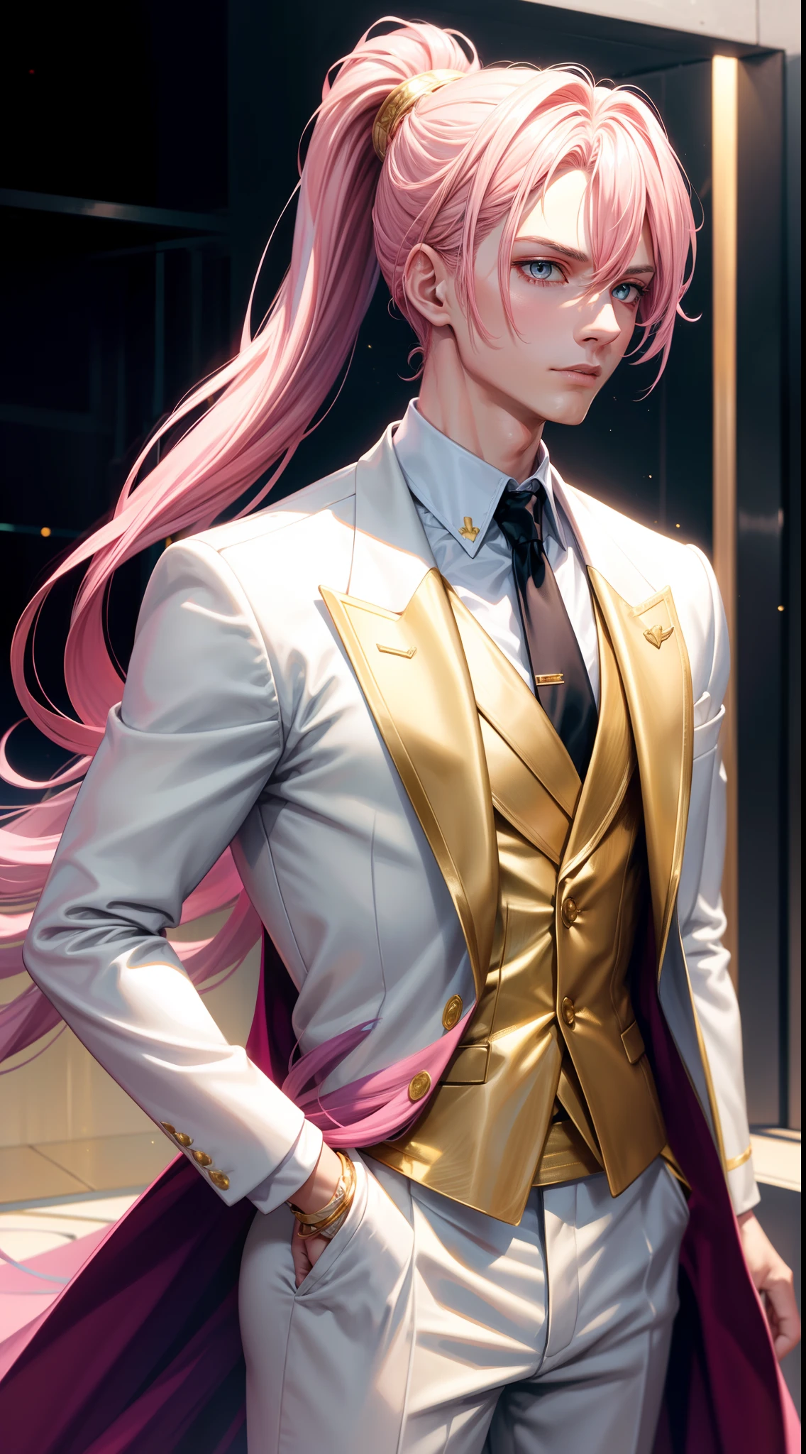 adult man, pink hair, high ponytail, golden eyes, white suit with gold elements, Masterpiece, hiquality