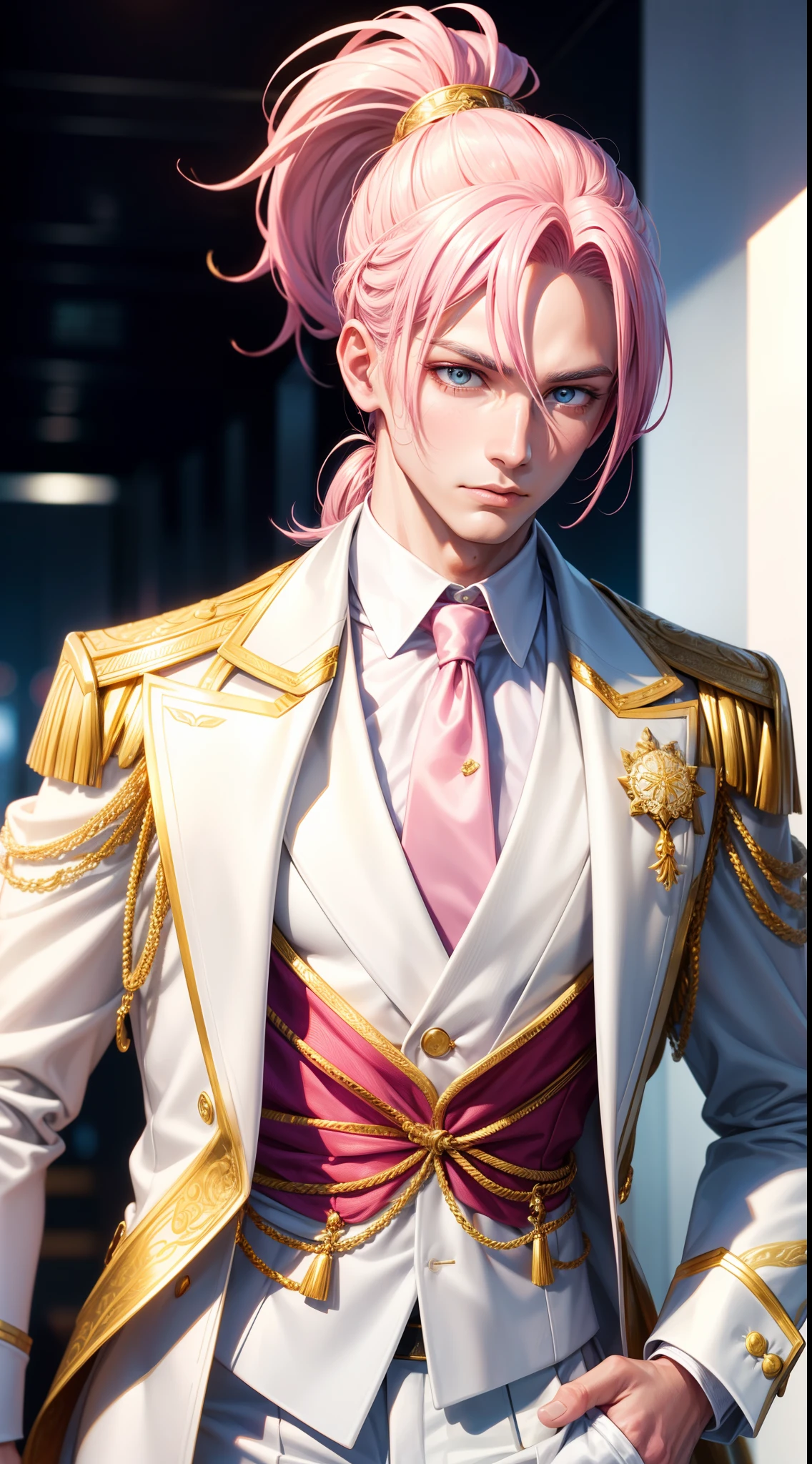 adult man, pink hair, high ponytail, golden eyes, white suit with gold elements, Masterpiece, hiquality