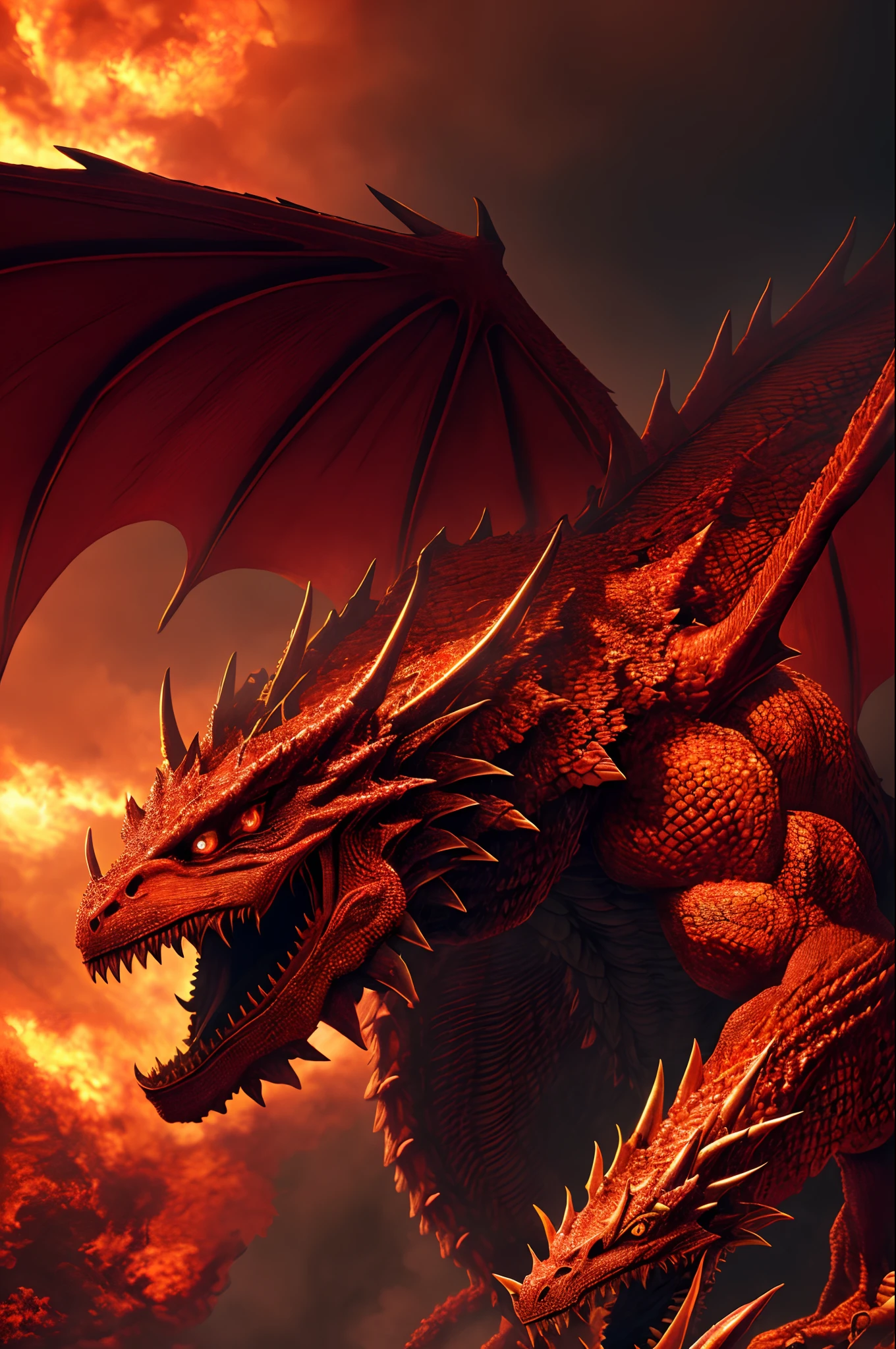 "(extremely detailed 8k wallpaper) + (terrifying, intricate) + (dramatic, high detail) + (1:1 size dragon monster) in a fiery blood background