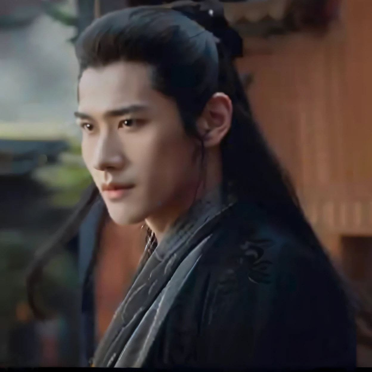 A man with long hair and ponytail in a black jacket, Inspired by Zhang Han, Inspired by Seki Dosheng, with his long black hair, inspired by Gu An, Very handsome, inspired by Luo Mu, live-action movie scenes, Wuxia, Extremely handsome, inspired by Wu Daozi