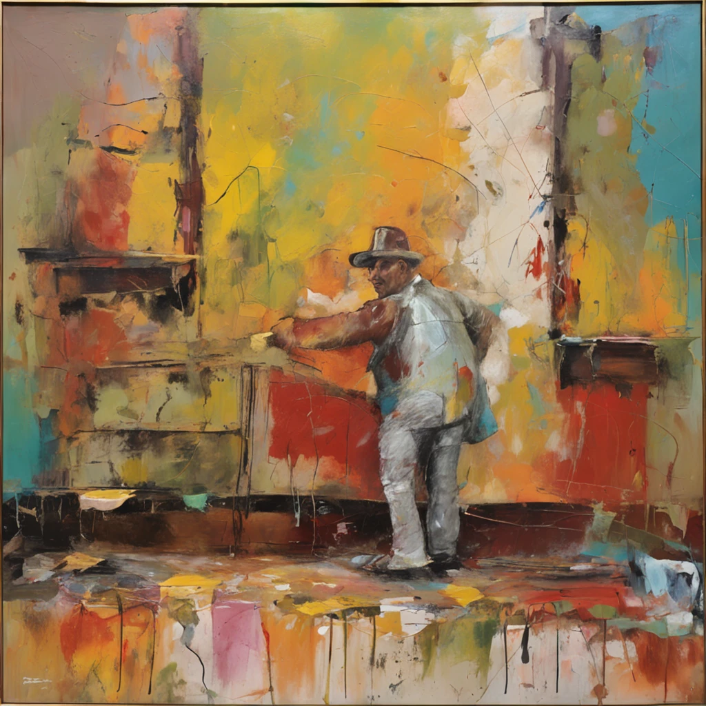 Plump 50 year old man dancing with cat in messy room、Broken windows、graffiti on wall