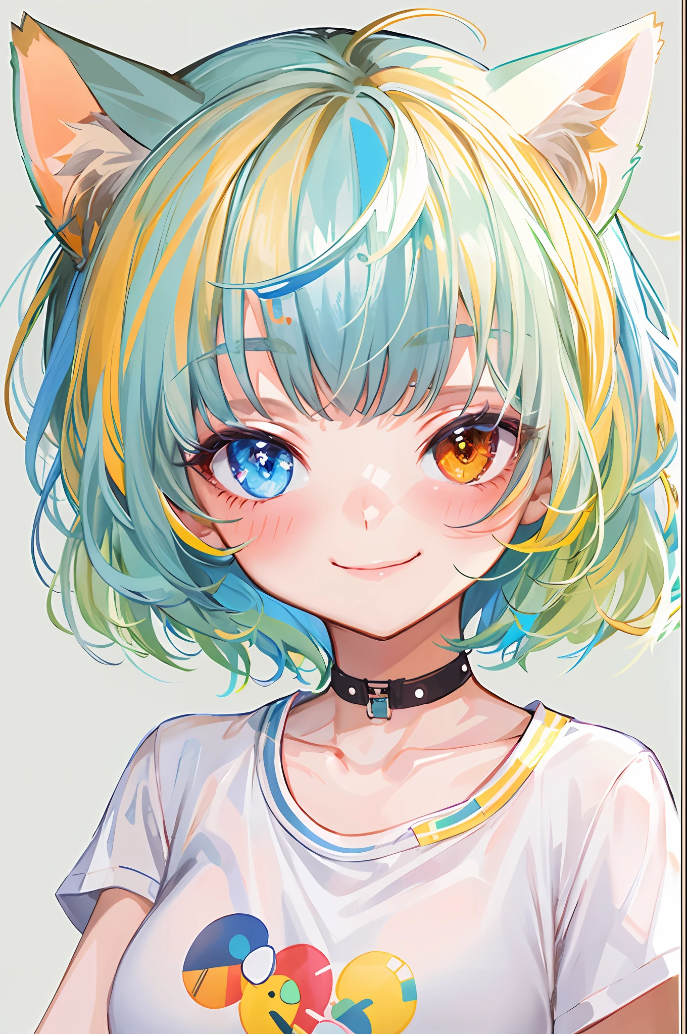1girl,solo,portrait,white background,large eyes and round face girl,colorful hair,rainbow hair,light-multicolored hair,short hair,bob cut,blunt bangs,cat ears,blue eyes,t-shirt,white t-shirt,looking at viewer,smile,closed mouth,