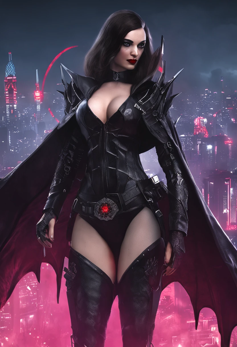 high high quality,Best quality at best,Realiy,Super realistic,super detailing,tmasterpiece,A high resolution,8K,Very realistic,Hellbringers,red - eyed,Meniscus,Close-up of a girl with a sword and a vampire, ((Dark black cloak)),比基尼,glitchpunk girl,pale milky white porcelain skin, Vampires,Smooth translucent white skin, small thighs,Small waist,Small hips,cropped shoulders,Nice collarbone,ultra-realistic realism,big breasts exposed cleavage,The upper part of the body,,Wear a bikini,Tattooed with,red color eyes,goth style,Bat wings,Bats fly across the skyline,Epic fantasy digital art style,A noble and elegant vampire girl, dan mumford tom bagshaw, dark fantasy style art, Epic fantasy art style, , dark fantasy art style, Epic fantasy art style HD, dark fantasy digital art,"Artistic image type: {Perched on the top of the cybernetic dragon, Vampire Maiden investigates the vast cyber metropolis below. Infused with neon lights, Contrast her technically enhanced body, Embedded LEDs and retractable technology weapons shine. In a striking pose, She seemed ready to act, A fusion of ancient legends and visions of the future}, Excellent location,with city view, (Vibrant neon lighting:1.5), (Digital painting:1.25), (4K:1.2). environment: panoramic view of a city,Bats fly across the skyline."