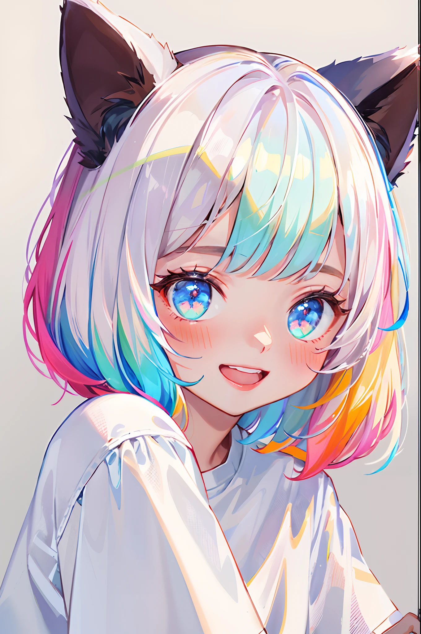 1girl,solo,portrait,white background,large eyes and round face girl,colorful hair,rainbow hair,light-multicolored hair,short hair,bob cut,blunt bangs,cat ears,blue eyes,t-shirt,white t-shirt,looking at viewer,smile,closed mouth,