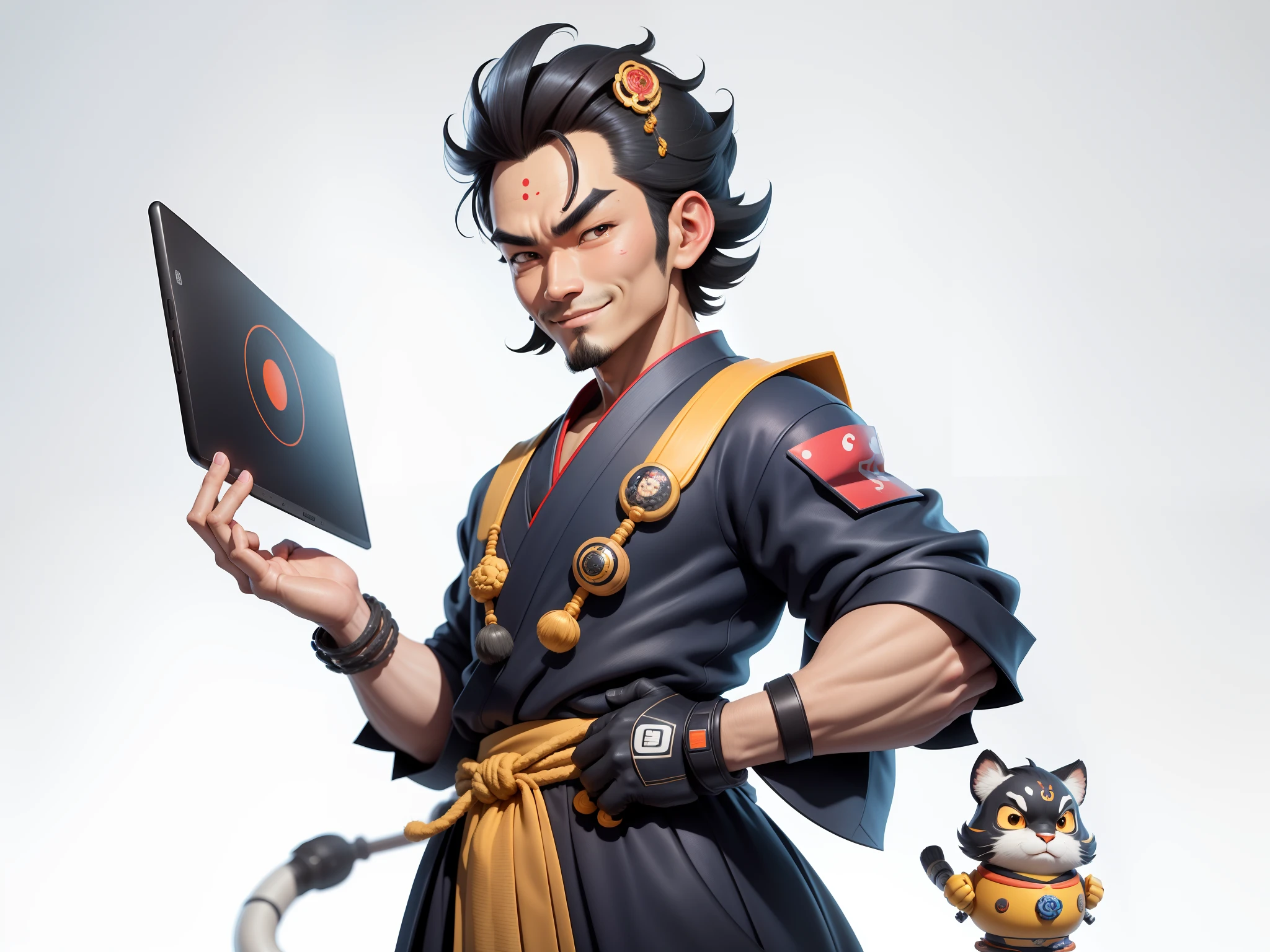 (Daisaku),(Need),(Super meticulous),(full bodyesbian:1.2),Super young man with Japanese geisha,Beautiful,orient,one tiger,Aeolian Thor,Raised sexy,爆乳,Oriental face,TV Anchor,Bust portrait illustration,In black suit,a blue tie,The face is slightly chubby,The face was clean,without a beard,Black super short hair,Black eyes,Smile confidently,3C computer sub-products,iPad, iphone,Digital painting,3D character design by Mark Clairen and Pixar and Hayao Miyazaki and Akira Toriyama,The illustration is a high-definition illustration in 4K resolution,With very detailed facial features and cartoon-style visuals。
