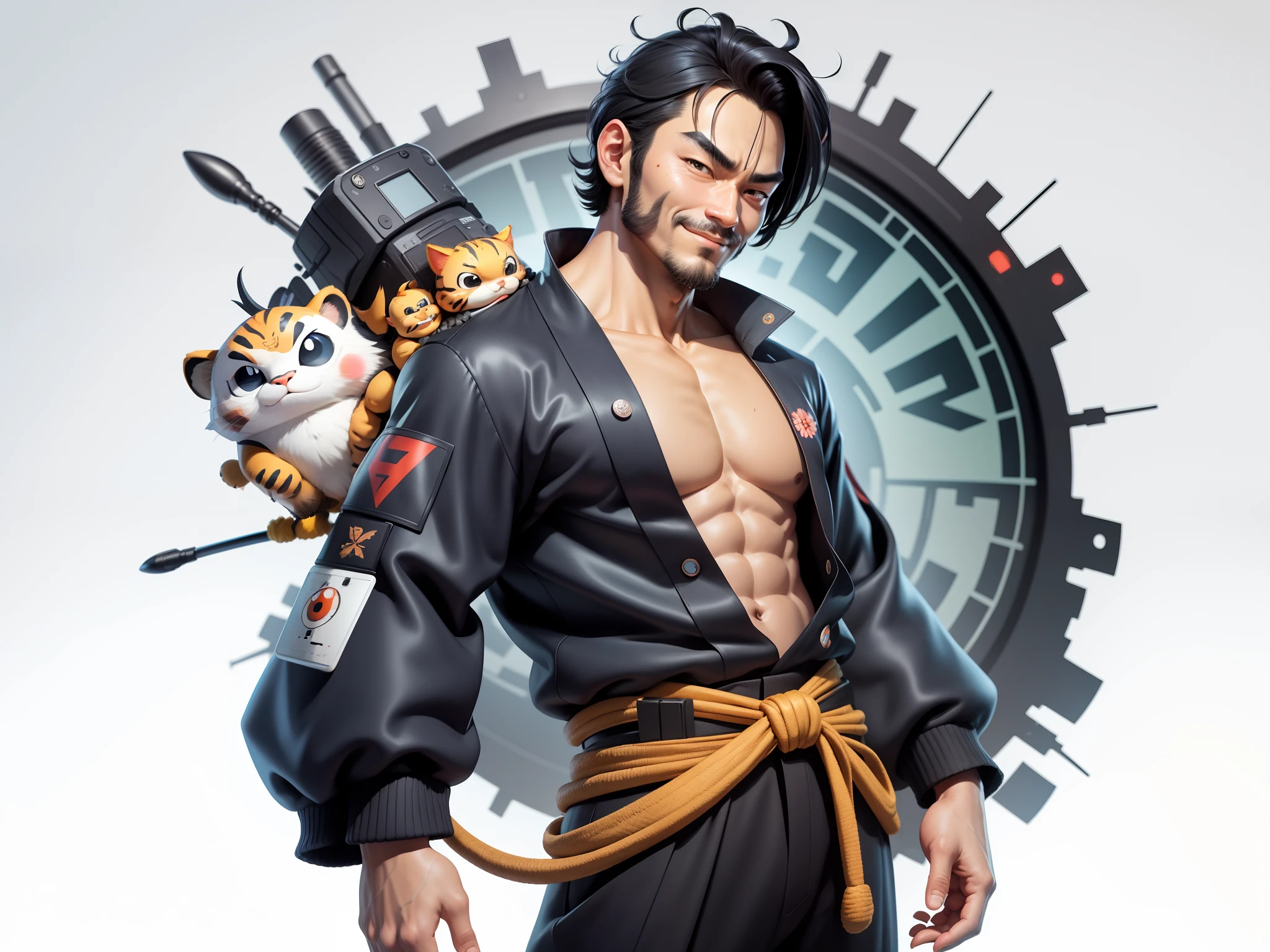 (Daisaku),(Need),(Super meticulous),(full bodyesbian:1.2),Super young man with Japanese geisha,Beautiful,orient,one tiger,Aeolian Thor,Raised sexy,爆乳,Oriental face,TV Anchor,Bust portrait illustration,In black suit,a blue tie,The face is slightly chubby,The face was clean,without a beard,Black super short hair,Black eyes,Smile confidently,3C computer sub-products,iPad, iphone,Digital painting,3D character design by Mark Clairen and Pixar and Hayao Miyazaki and Akira Toriyama,The illustration is a high-definition illustration in 4K resolution,With very detailed facial features and cartoon-style visuals。