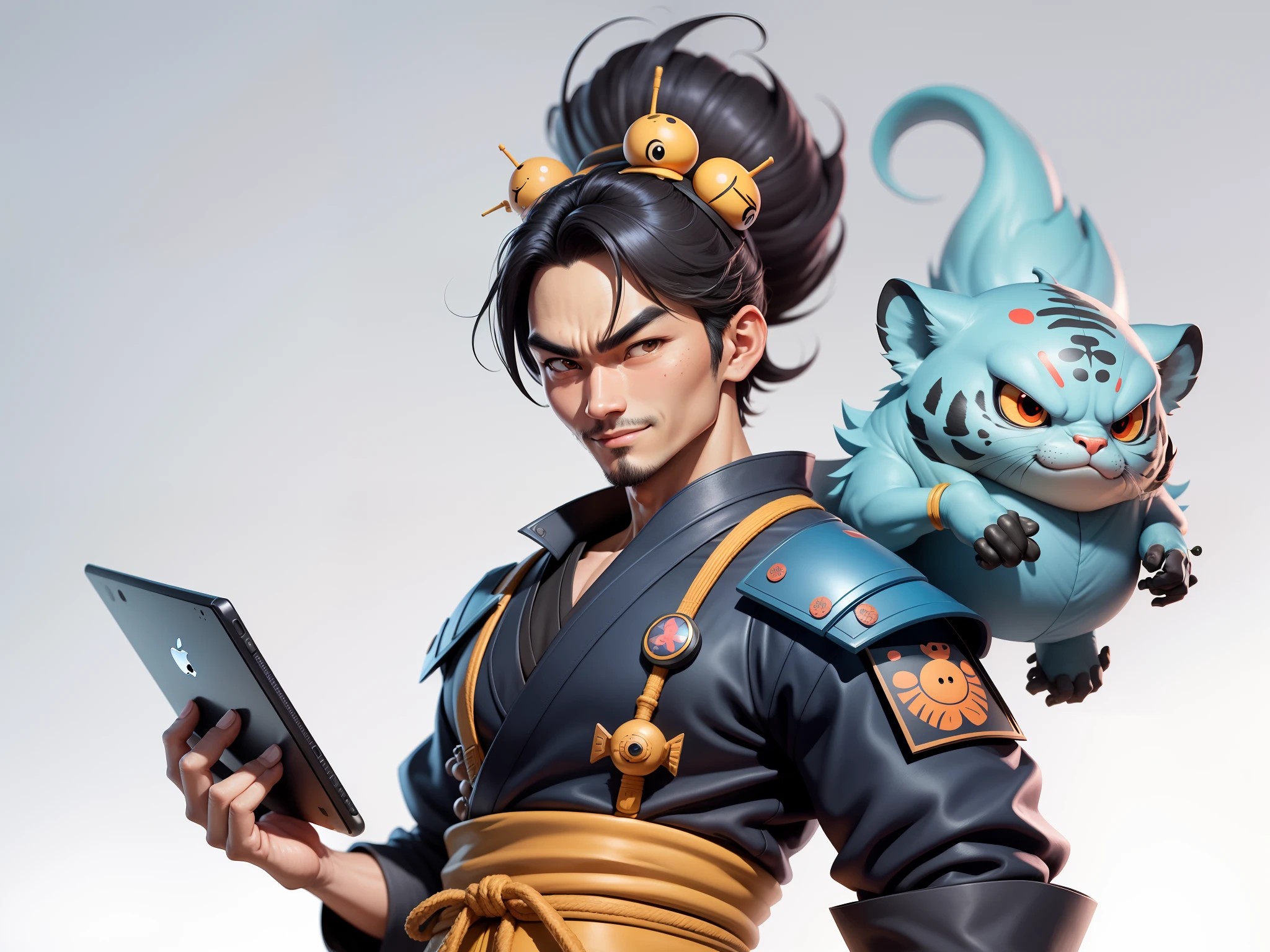 (Daisaku),(Need),(Super meticulous),(full bodyesbian:1.2),Super young man with Japanese geisha，Beautiful，orient，one tiger，Aeolian Thor，Raised sexy，爆乳，Oriental face，TV Anchor，Bust portrait illustration，In black suit，a blue tie，The face is slightly chubby，The face was clean，without a beard，Black super short hair，Black eyes，Smile confidently，3C computer sub-products，iPad， iphone，Digital painting，3D character design by Mark Clairen and Pixar and Hayao Miyazaki and Akira Toriyama，The illustration is a high-definition illustration in 4K resolution，With very detailed facial features and cartoon-style visuals。