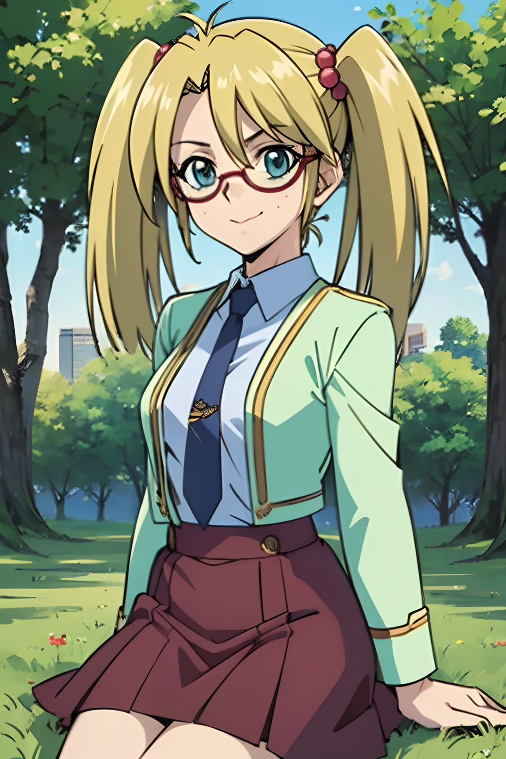 (masterpiece, best quality, ultra-detailed), 1girl, Rebecca Hopkins, blonde hair, twintails, red glasses,looking at viewer, sitting, grass, trees, sun