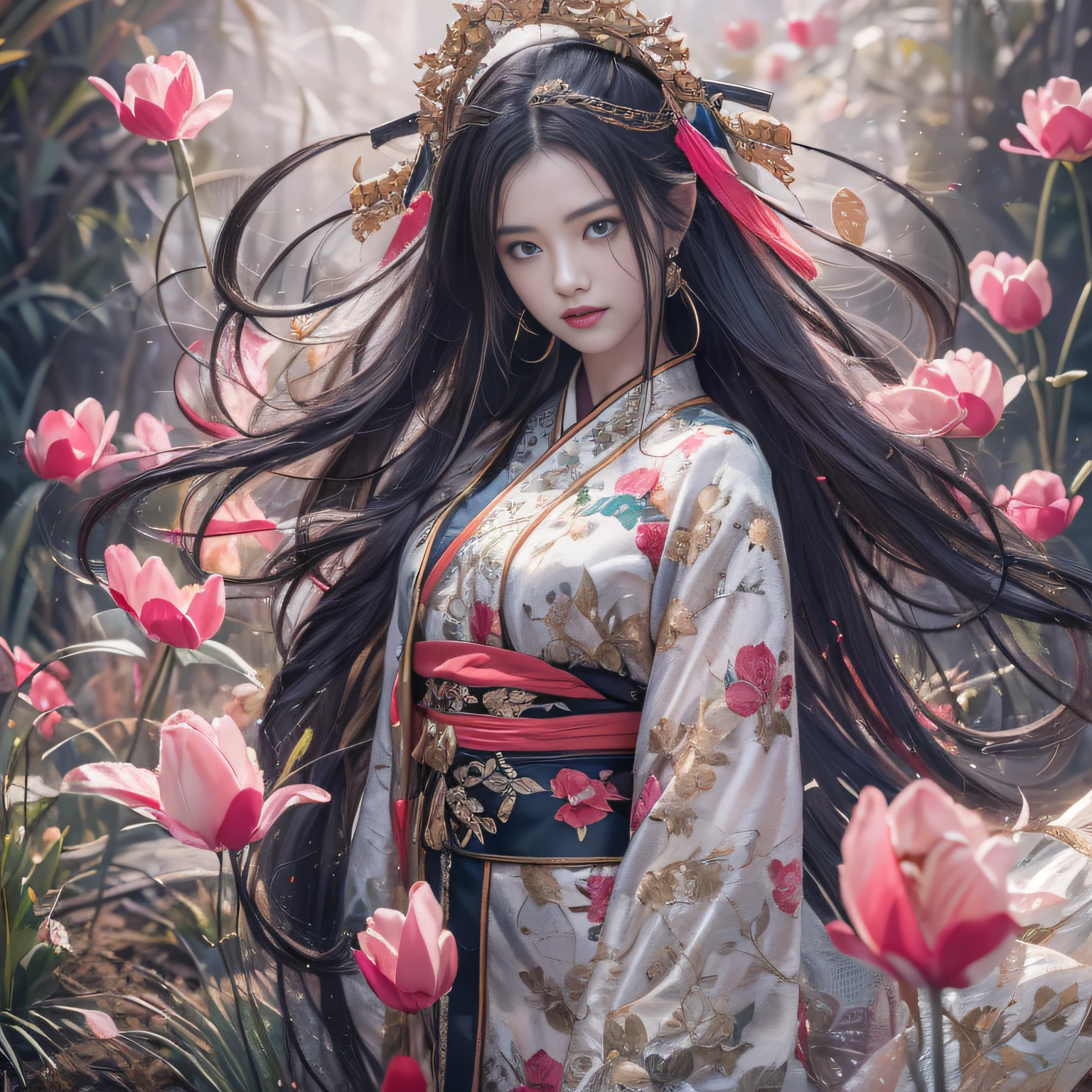 32K(tmasterpiece,k hd,hyper HD,32K)Long flowing black hair,ponds,zydink, a color, Asian people (Silly girl), (Silk scarf), Combat posture, looking at the ground, long whitr hair, Floating hair, Carp pattern headdress, Chinese long-sleeved clothing, (abstract ink splash:1.2), Pink petal background,Tulips flying(realisticlying:1.4),Black color hair,Fallen leaves flutter,The background is pure, A high resolution, the detail, RAW photogr, Sharp Re, Nikon D850 Film Stock Photo by Jefferies Lee 4 Kodak Portra 400 Camera F1.6 shots, Rich colors, ultra-realistic vivid textures, Dramatic lighting, Unreal Engine Art Station Trend, cinestir 800,Long flowing black hair