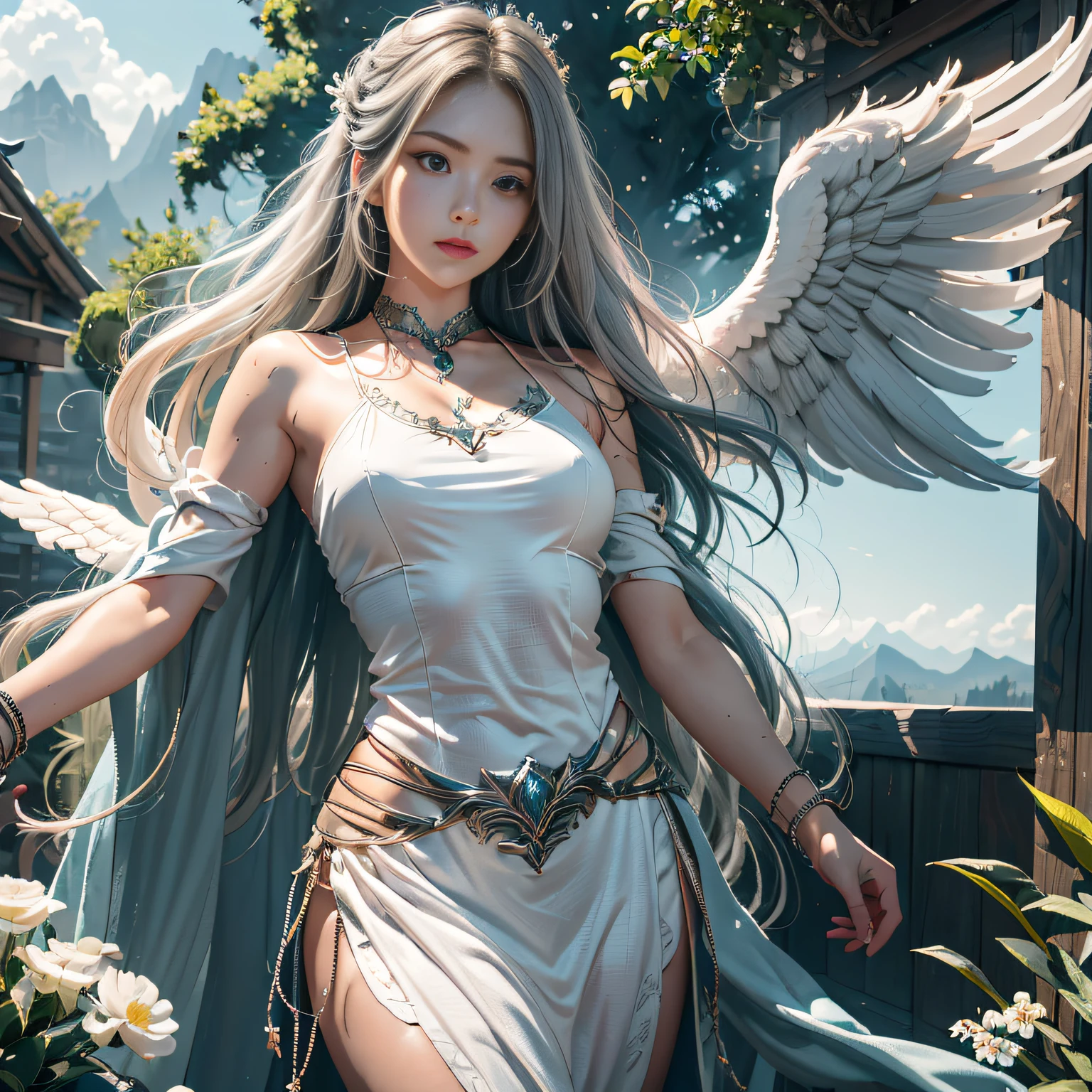 hyper HD, Anatomically correct, retinas, Super detail, Award-Awarded, Best quality, High details, Textured skin, Masterpiece, ccurate, High quality, A high resolution, 8K，1girl in, 独奏, offcial art, Unity 8k wallpaper, ultra - detailed, prettify、Aesthetic, tmasterpiece, top-quality, Photorealsitic, A female angel、It has 6 glowing white epic wings on its back:2.0、Wings of a bird of prey、Blazing Angel、Silver armor:2.0、Glow-in-the-dark imprint，Glow-in-the-dark imprint，Silver gauntlet、Silver Solette、White fabric、Hair ornaments with small wings、Valkyrie、Very large wide sword、Glowing angel circle、angelic halo:2.0、Light magic、depth of fields, Fantastic atmosphere, calm color palette, Soft Shading、You can see the forest in the distance、See remote mountain castles、ellegance、Full body like、busty figure、Large full breasts、wide waist、Floating in the air:2.0、Flying in the sky:2.0、Fry high in the air、Sky on the steppe、You can see the castle on the hill in the distance