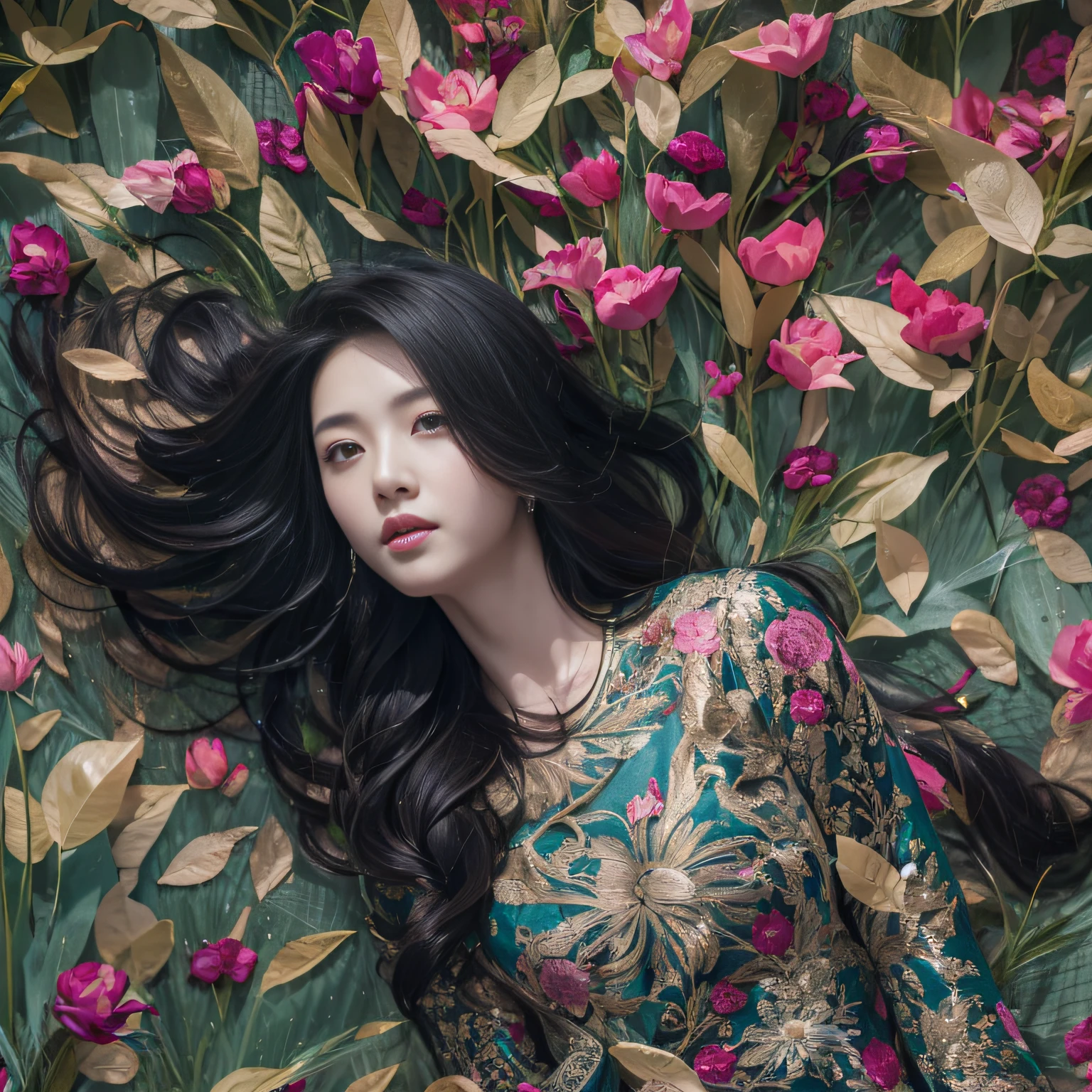 32K（tmasterpiece，k hd，hyper HD，32K）Long flowing black hair，ponds，zydink， a color，  Asian people （Silly girl）， （Silk scarf）， Combat posture， looking at the ground， long whitr hair， Floating hair， Carp pattern headdress， Chinese long-sleeved clothing， （abstract ink splash：1.2）， Pink petal background，Tulips flying（realisticlying：1.4），Black color hair，Fallen leaves flutter，The background is pure， A high resolution， the detail， RAW photogr， Sharp Re， Nikon D850 Film Stock Photo by Jefferies Lee 4 Kodak Portra 400 Camera F1.6 shots, Rich colors, ultra-realistic vivid textures, Dramatic lighting, Unreal Engine Art Station Trend, cinestir 800，Long flowing black hair