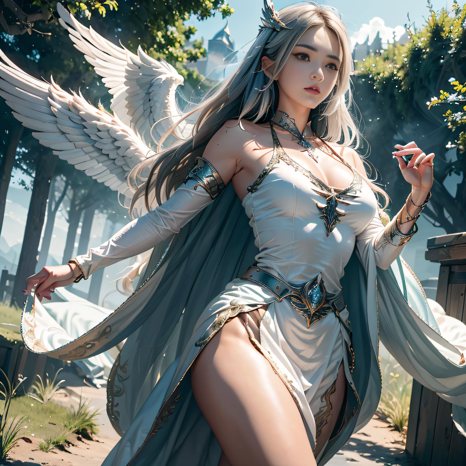 hyper HD, Anatomically correct, retinas, Super detail, Award-Awarded, Best quality, High details, Textured skin, Masterpiece, ccurate, High quality, A high resolution, 8K，1girl in, 独奏, offcial art, Unity 8k wallpaper, ultra - detailed, prettify、Aesthetic, tmasterpiece, top-quality, Photorealsitic, A female angel、It has 6 glowing white epic wings on its back:2.0、Wings of a bird of prey、Blazing Angel、Silver armor:2.0、Glow-in-the-dark imprint，Glow-in-the-dark imprint，Silver gauntlet、Silver Solette、White fabric、Hair ornaments with small wings、Valkyrie、Very large wide sword、Glowing angel circle、angelic halo:2.0、Light magic、depth of fields, Fantastic atmosphere, calm color palette, Soft Shading、You can see the forest in the distance、See remote mountain castles、ellegance、Full body like、busty figure、Large full breasts、wide waist、Floating in the air:2.0、Flying in the sky:2.0、Fry high in the air、Sky on the steppe、You can see the castle on the hill in the distance