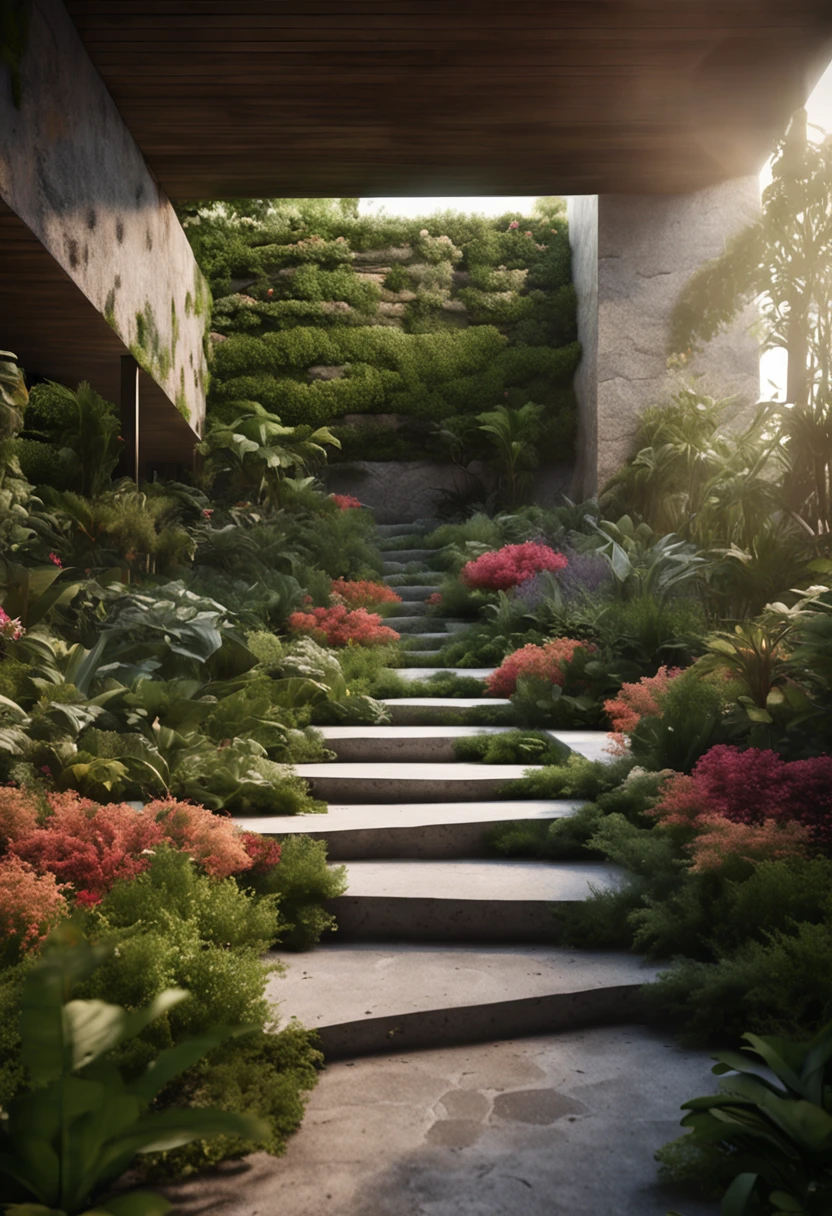 Natural garden landscape with plants around with loose stone floor and with stone wall and luxurious vertical garden behind and free space in the center of the image with clear sky