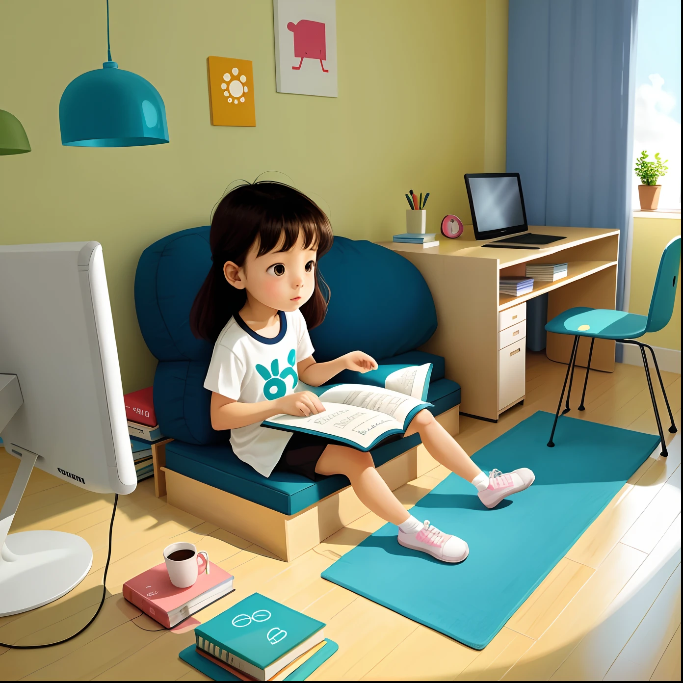 Girl at the computer in a minimalist bedroom,Illustration for a children's book