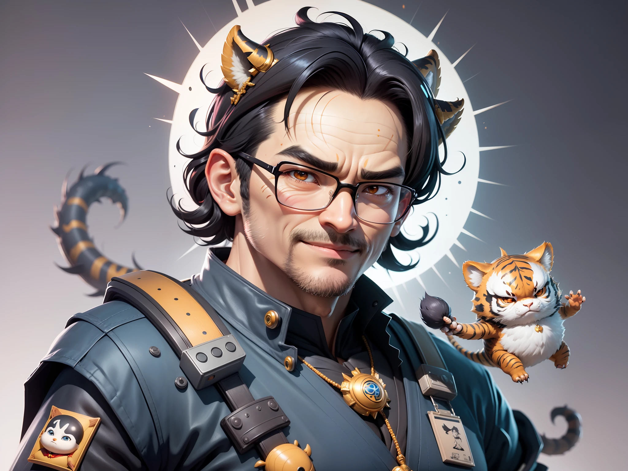 (Masterpiece), (Excellent), (Super Meticulous), (Full Body: 1.2), Super Young Man with Japanese Female Geisha, Pretty, Beautiful, Chinese Dragon, Tiger, Wind God Thor, Sexy, Bursting, Oriental Face, TV Anchor, Bust Portrait Illustration, Black Suit, Blue Tie, Slightly Chubby Face, Silver Glasses, Very Clean Face, No Beard on Chin, Black Super Short Hair, Black Eyes, Confident Smile, 3c Computer Sub-Products, iPad, iPhone, Digital Painting, 3D character design by Mark Clairedon and Pixar and Hayao Miyazaki and Akira Toriyama, the illustrations are HD illustrations in 4K resolution with highly detailed facial features and cartoon-style visuals.