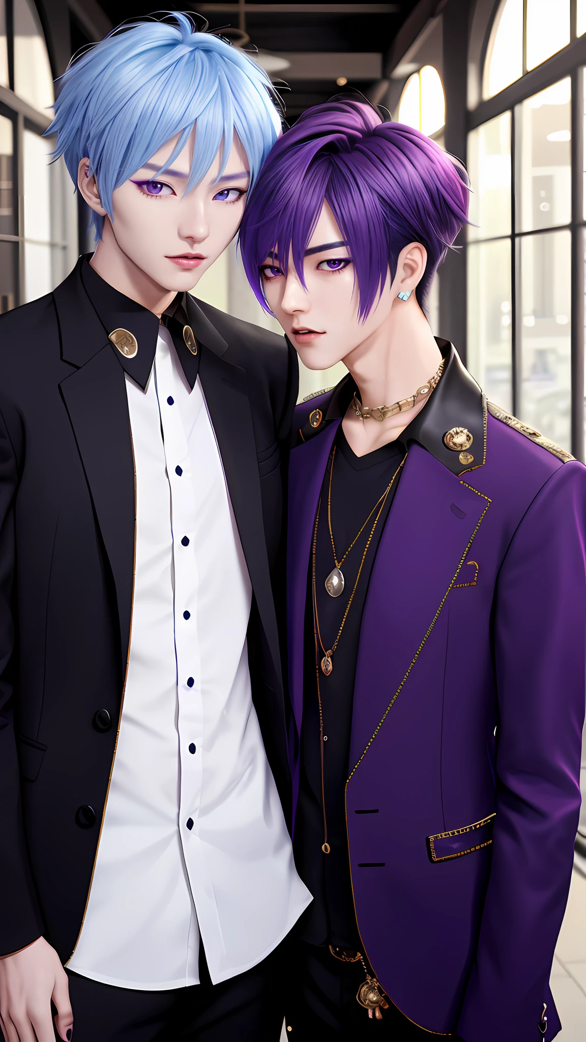 masterpiece, top-quality, 2Others, Male couple, 1 man and 1,, Adults, Height difference, different fashion, different color, finely eye and detailed face, intricate detailes, Casual clothing, Oversized shirt, Modern urban streets, A smile, Happiness, tenderness, queers, high-level image quality、 Two beautiful men、tall、The upper part of the body、nightfall、nighttime scene、𝓡𝓸𝓶𝓪𝓷𝓽𝓲𝓬、Two Men Kissing, Korean Male, Idol Photos, k pop, Professional Photos, Vampires, Korean fashion in black and white, Fedoman with necklace, inspired by Sim Sa-jeong, androgynous vampire, :9 detailed face: 8, extra detailed face, detailed punk hair, ((eyes are brown)) baggy eyes, Seductive. Highly detailed, semi realistic anime, Vampires, hyperrealistic teen, delicate androgynous prince, imvu, short hair above the ears, Man with short hair, Purple-haired man with a glaring expression and a man with light blue hair with a gentle expression, With a short-haired man with bright purple hair, Man with light blue hair, kiss together, Kissing each other,
