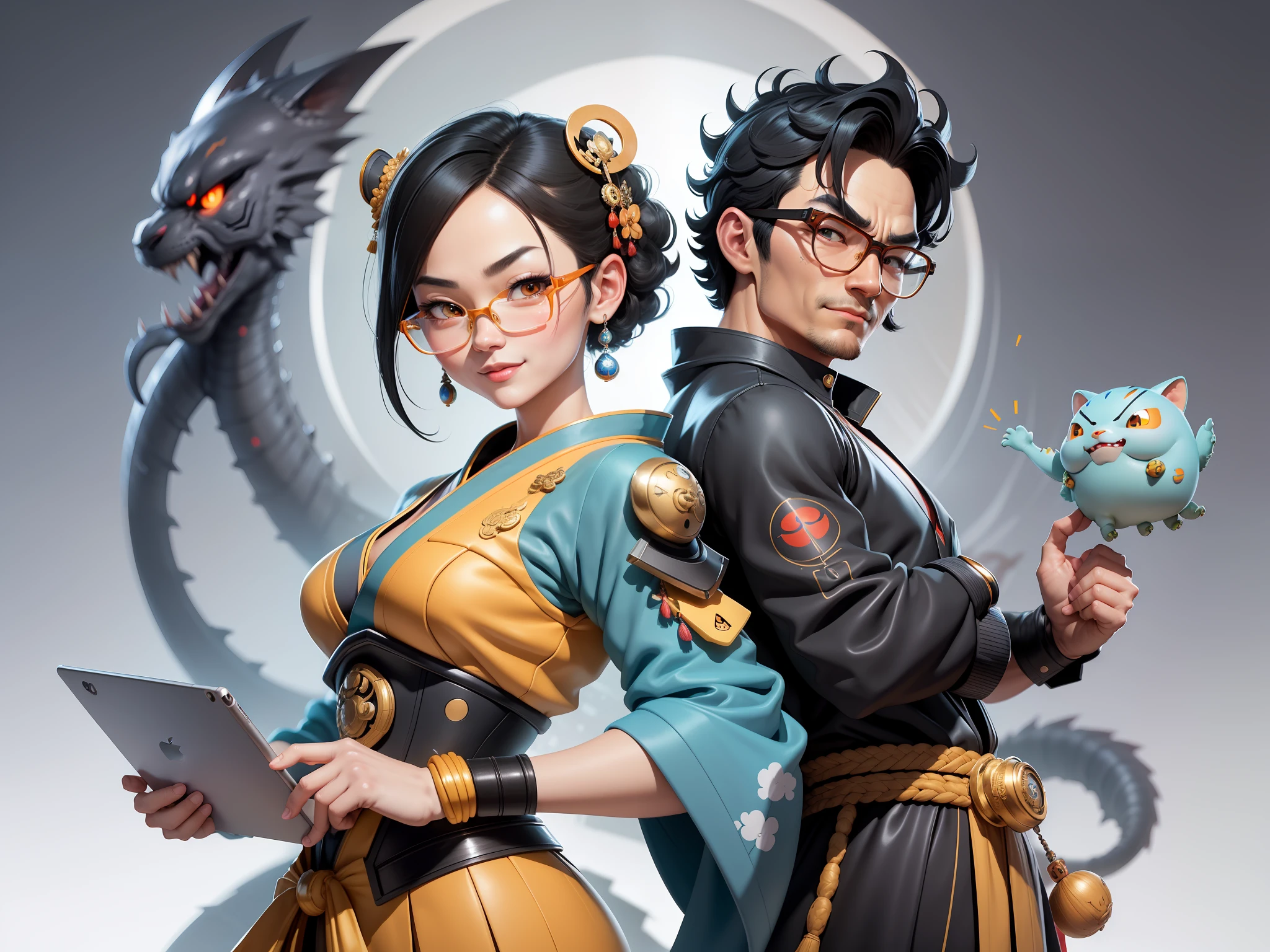 (Masterpiece), (Excellent), (Super Meticulous), (Full Body: 1.2), Super Young Man with Japanese Female Geisha, Pretty, Beautiful, Chinese Dragon, Tiger, Wind God Thor, Sexy, Bursting, Oriental Face, TV Anchor, Bust Portrait Illustration, Black Suit, Blue Tie, Slightly Chubby Face, Silver Glasses, Very Clean Face, No Beard on Chin, Black Super Short Hair, Black Eyes, Confident Smile, 3c Computer Sub-Products, iPad, iPhone, Digital Painting, 3D character design by Mark Clairedon and Pixar and Hayao Miyazaki and Akira Toriyama, the illustrations are HD illustrations in 4K resolution with highly detailed facial features and cartoon-style visuals.