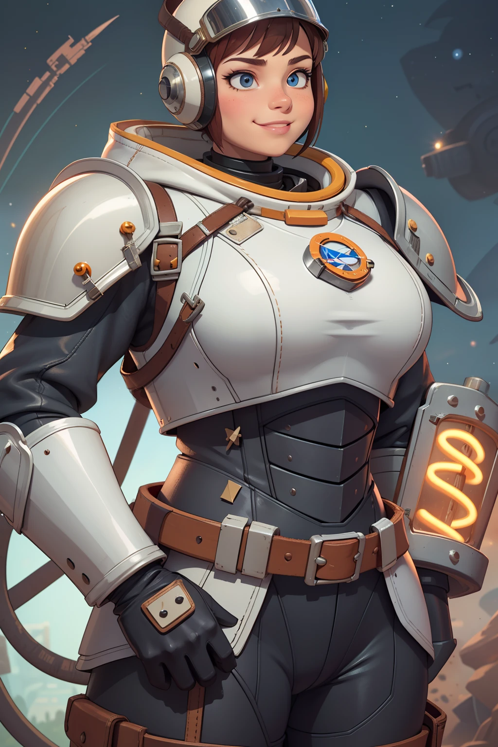 professional artwork, detailed eyes, beautiful eyes, thick thighs, breasts, beautiful face, flawless face, gorgeous face, smooth features, blush, short hair, beautifully detailed background, adventurous astronaut knight in bulky armored space suit, space suit looks like knight armor, space suit, thick heavy space suit, environment suit, hoses and tubes on suit, dials and switches, space suit backpack, nasa, nasa punk, nasapunk, astronaut, astronaut suit, cosmonaut, medieval knight, knight armor, leather armor and metal armor, mechanical background, sci fi, science fiction, futuristic, fantasy armor, full plate armor, medieval armor, knight helmet, knight visor, grilled faceplate, large helmet, big helmet, heavy collar, vacuum seal ring around neck, life support systems, rustic material, heavy stitching, thick leathers, armored breastplate, armored chest, leather gloves, rustic craftsmanship, adventurous, adventure, cute, smiling, shoulder pads, armor, white and orange outfit, heraldry, helmet on head, cassette futurism, gloved hands, bulky space suit, bulky suit, tubes and hoses, valves, mechanical, sword and shield, neon light, neon glow, neon, cuirass, pauldrons, chest armor, heavy metal chest armor, beam sword, plasma sword, light saber, knight, dome helmet, neck armor, sealed neck join, helmet is attached to collar around neck