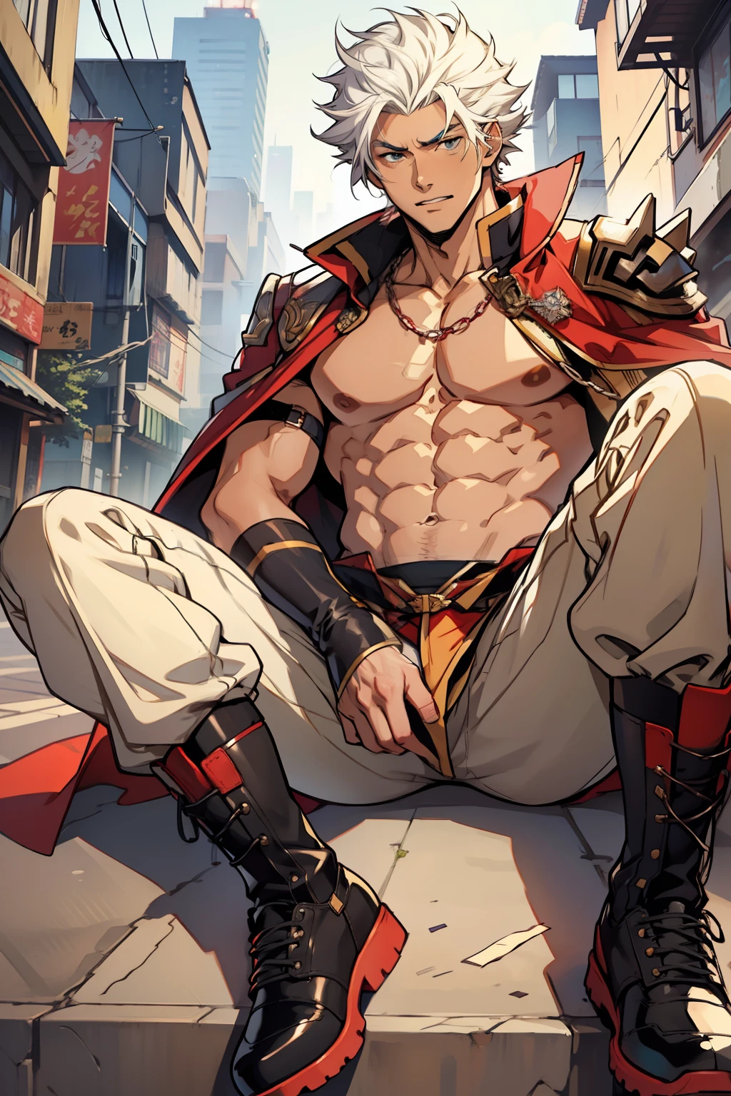 Highest image quality，male people，，1 boy，Young and handsome，shoun，White color hair，Short flat top hair，Dark  skin，anime big breast，anime wallpaper，Solo，malefocus，Briefs，Dilation of the pectoral muscles，Red cape，Bulging crotch，Urban background，spread their legs，Sexy,(Masterpiece, Best quality),Long white socks，Red Martin boots，