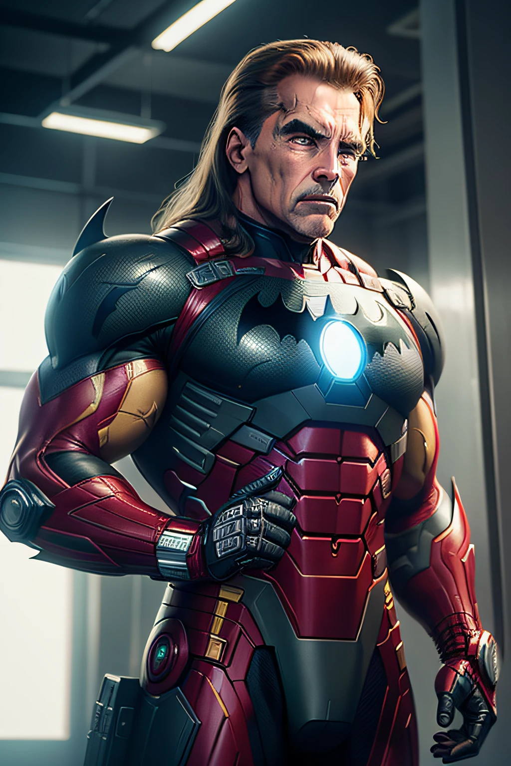 "Arnold Schwarzenegger in Batman suit covertly spying on Iron Man 4k realistic"