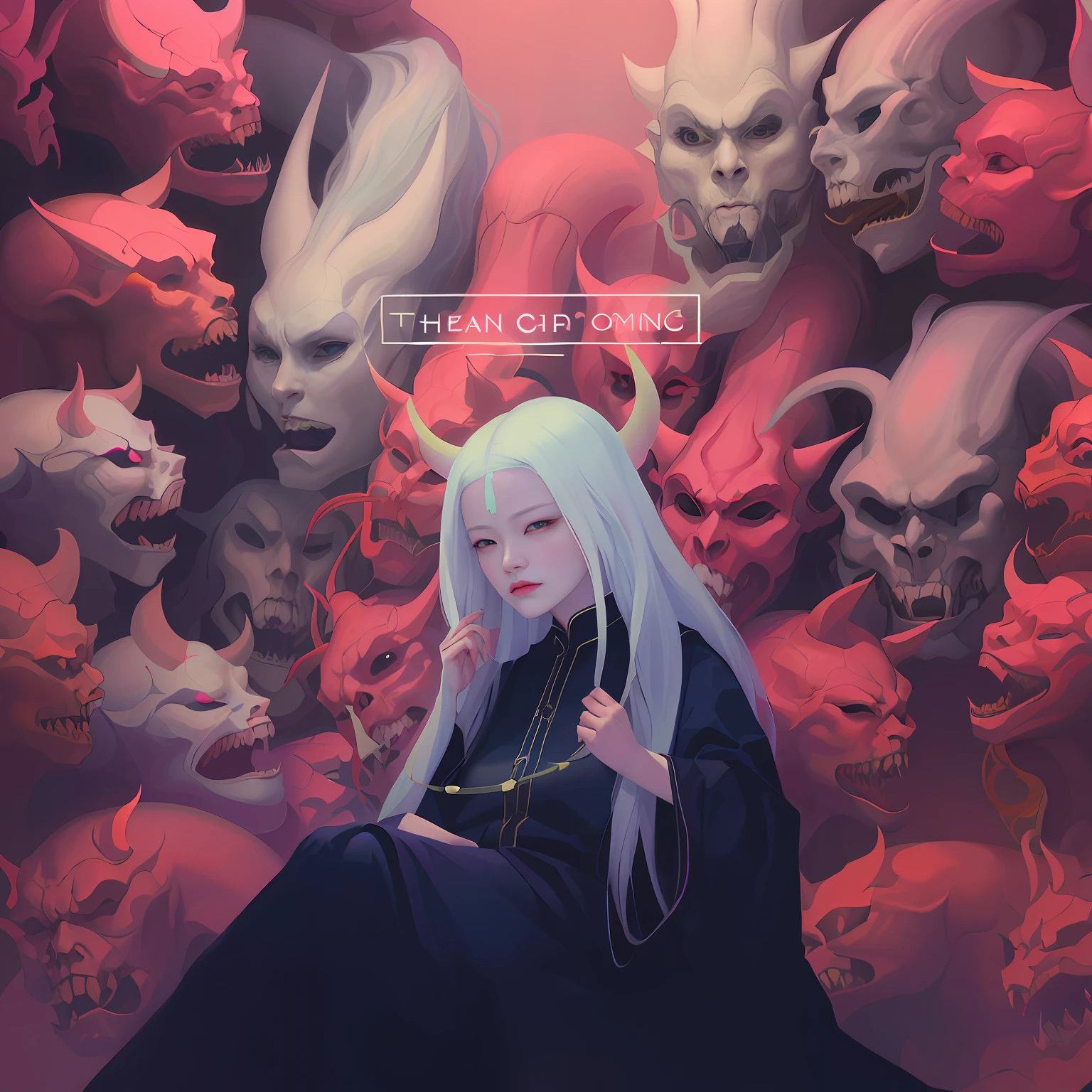 There was a woman sitting in front of the heads of a group of demons, inspired by Hsiao-Ron Cheng, Guviz-style artwork, portrait of albino mystic, art cover illustration, author：Chen Jiesheng, portrait of demon girl, an ominous fantasy illustration, author：yanjun cheng, inspired by Yanjun Cheng, author：Ryan Yee