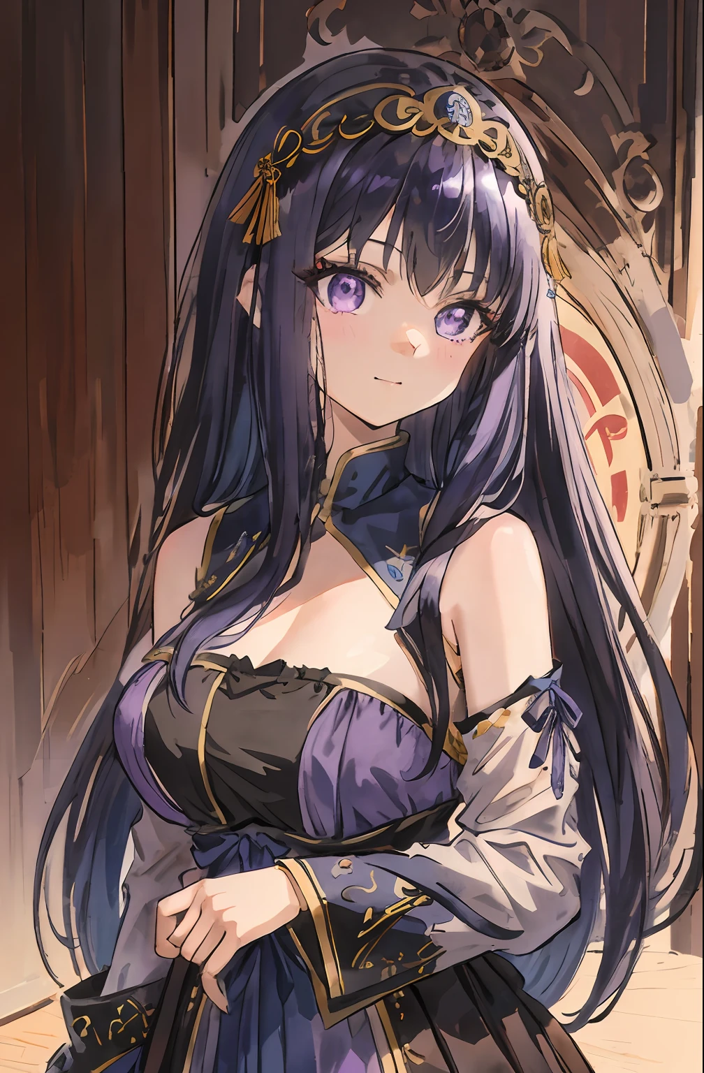 A beautiful and cute girl, huge smile、Idle Pose、1girl in, Solo, Long hair, A dark-haired,Purple eyes, hair messy, long hair bangs, Beautiful detailed eyes, Looking at Viewer, deadpan, Closed mouth, Portrait, Bangs,Blue Idol Costume,corsets、Blue hair ornament、Upper body, Small breasts, Backlight, stage