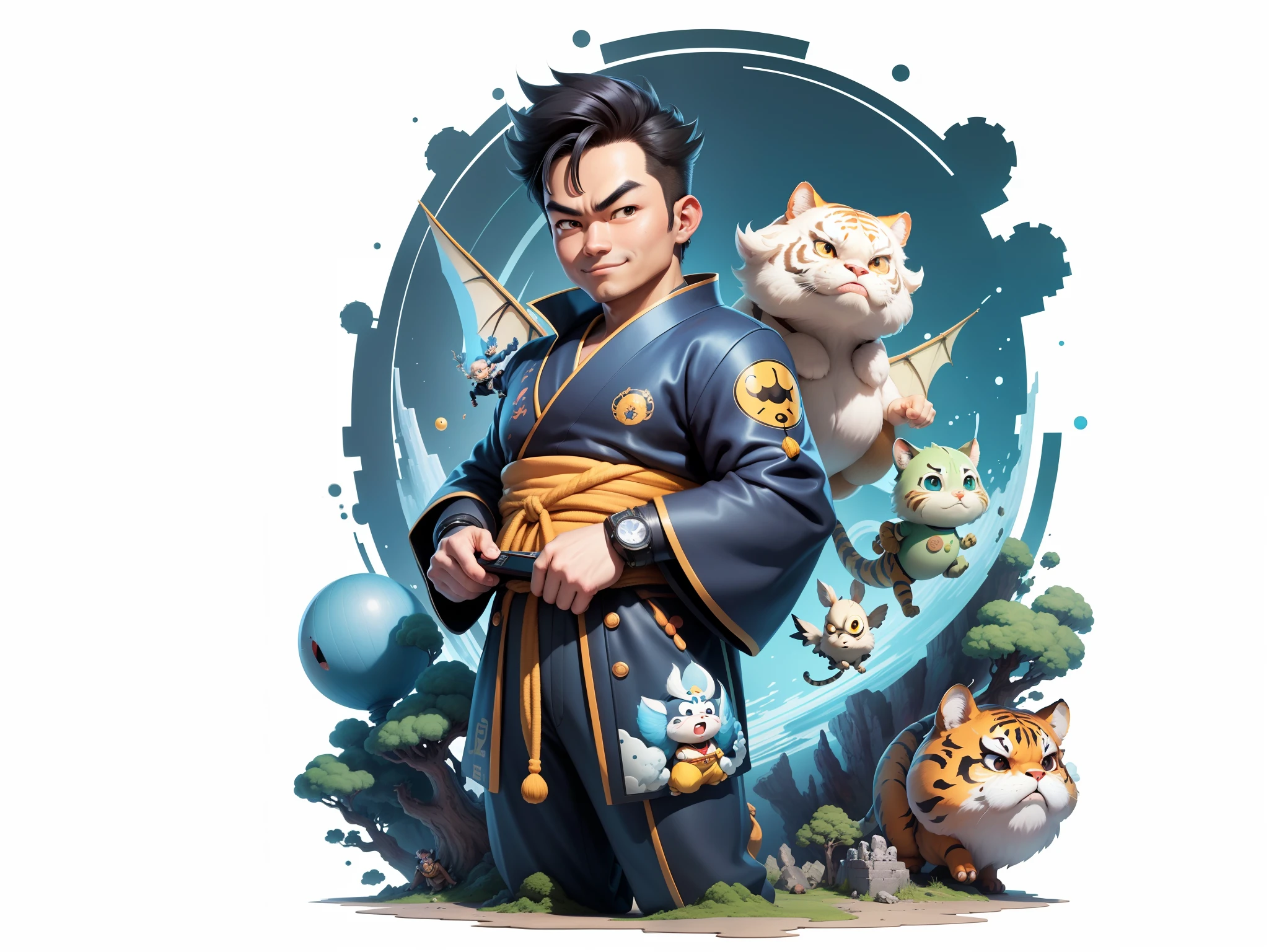 (Masterpiece), (Excellent), (Super Meticulous), (Full Body: 1.2), Super Young Man, Oriental Face, Japanese Kimono, Japanese Wind Thunder God, Dragon, Tiger, TV Anchor, Bust Portrait Illustration, Alone, Black Suit, Blue Tie, Slightly Chubby Face, Very Clean Face, No Beard, Black Super Short Hair, Black Eyes, Confident Smile, 3c Computer Sub-Products, iPad, iPhone, Digital Painting, 3D Character Design by Akira Toriyama and Mark Claireden and Pixar and Hayao Miyazaki, The illustration is a high-definition illustration in 4K resolution with very detailed facial features and cartoon-style visuals.