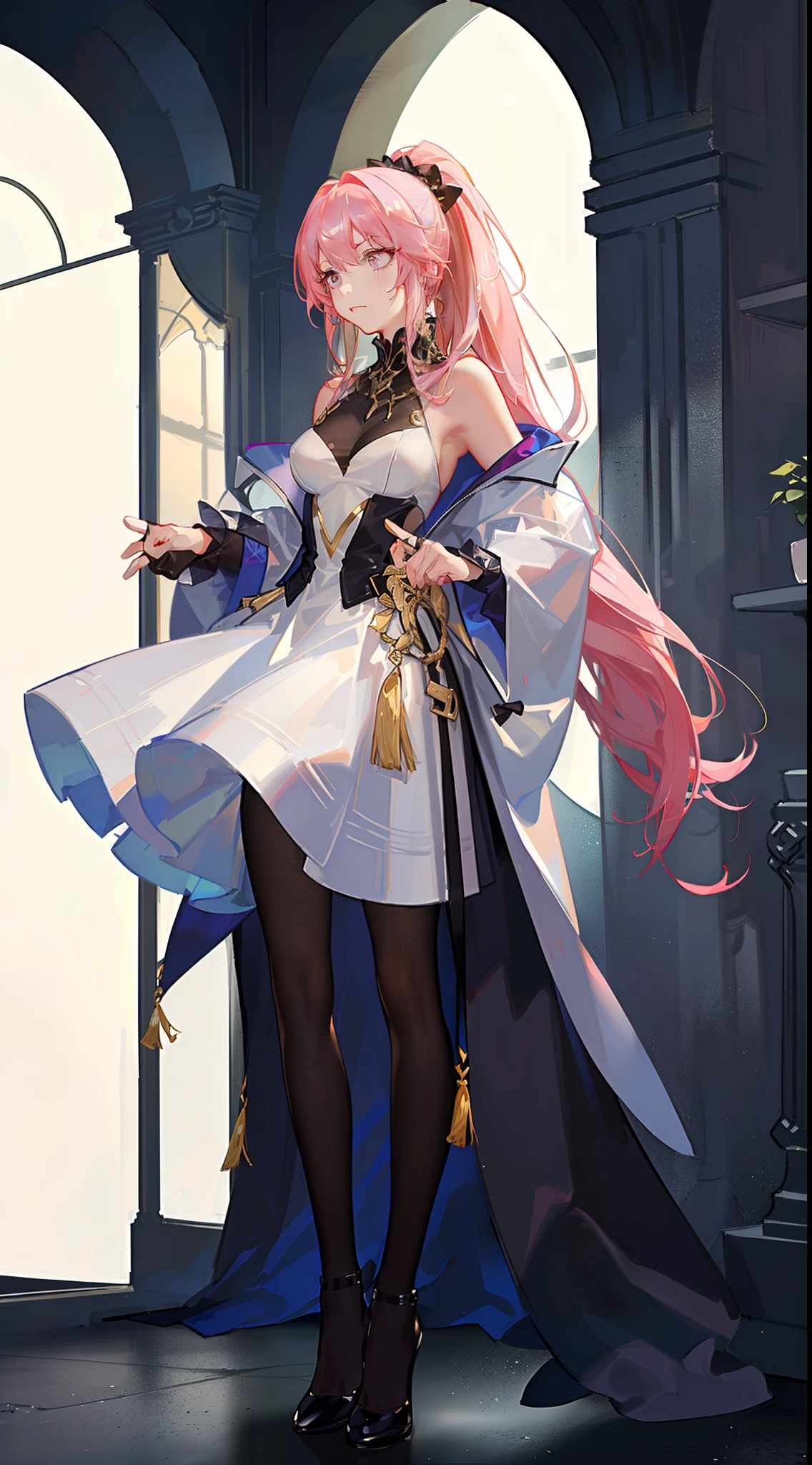 adult man, pink hair, high ponytail, golden eyes, white suit with gold elements, Masterpiece, hiquality