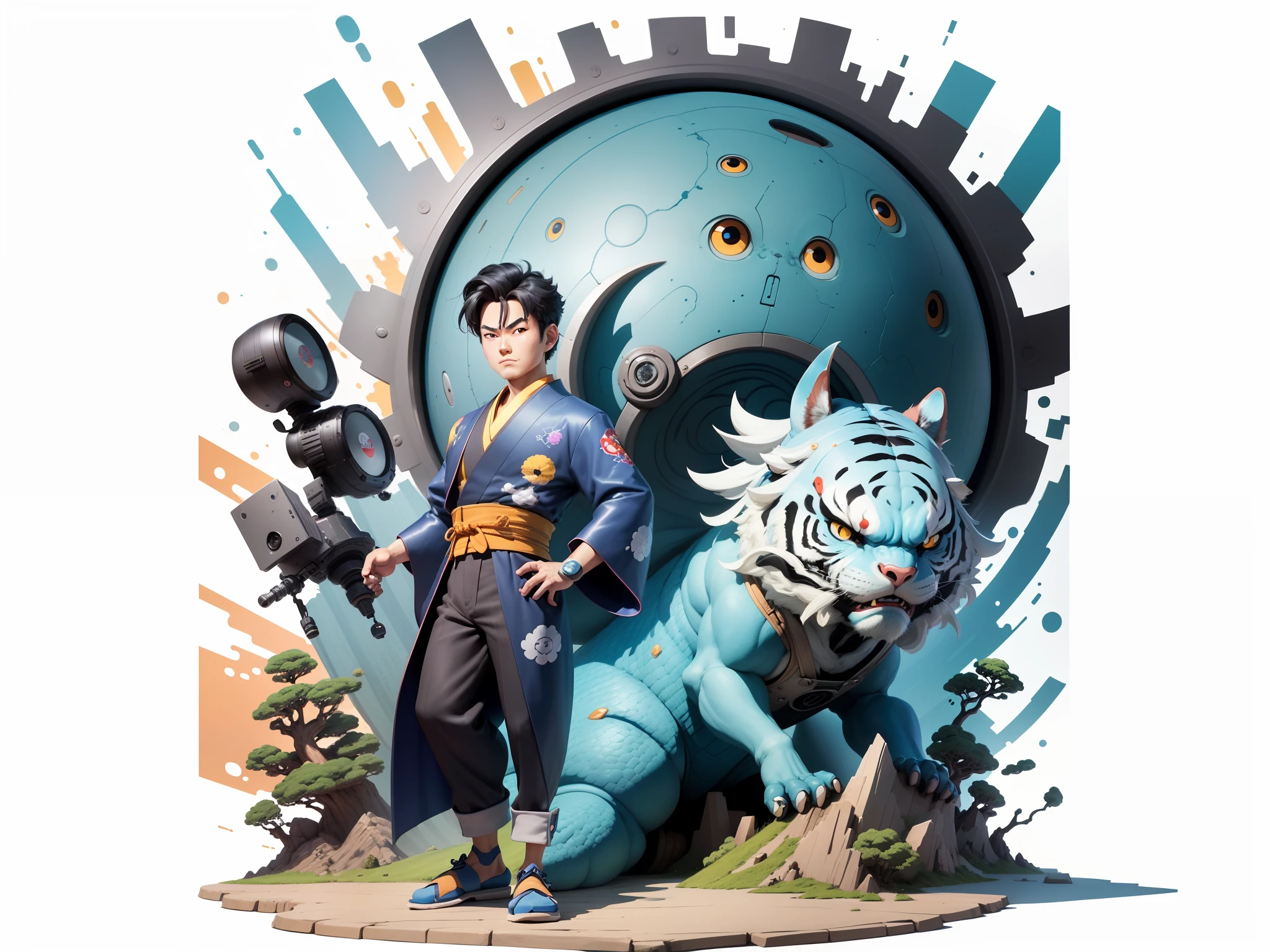 (Masterpiece), (Excellent), (Super Meticulous), (Full Body: 1.2), Super Young Man, Oriental Face, Japanese Kimono, Japanese Wind Thunder God, Dragon, Tiger, TV Anchor, Bust Portrait Illustration, Alone, Black Suit, Blue Tie, Slightly Chubby Face, Very Clean Face, No Beard, Black Super Short Hair, Black Eyes, Confident Smile, 3c Computer Sub-Products, iPad, iPhone, Digital Painting, 3D Character Design by Akira Toriyama and Mark Claireden and Pixar and Hayao Miyazaki, The illustration is a high-definition illustration in 4K resolution with very detailed facial features and cartoon-style visuals.